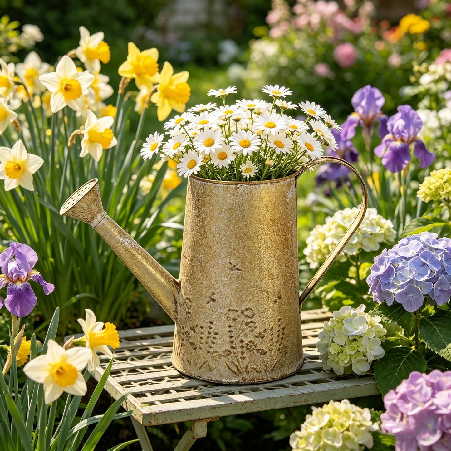 Vintage Metal Watering Can with Floral Embossed Design Garden Distressed Gold Decorative Watering Pot Planter Farmhouse Waterer for Home Indoor Outdoor Garden Balcony Courtyard