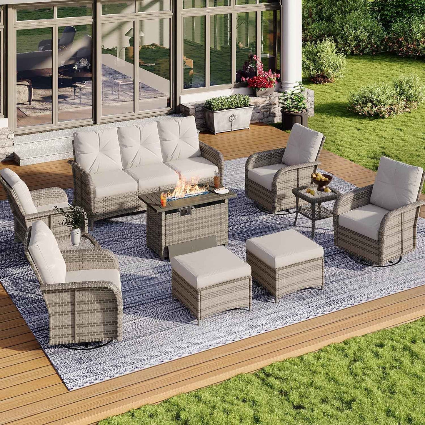 Aoxun 10-Piece Patio Furniture Set with 44” Fire Pit Table, Wicker Rattan Outdoor Sectional Sofa with High Back Swivel Rocker Chairs, Outdoor Patio Furniture Set with Thick Cushions & Ottoman, Grey