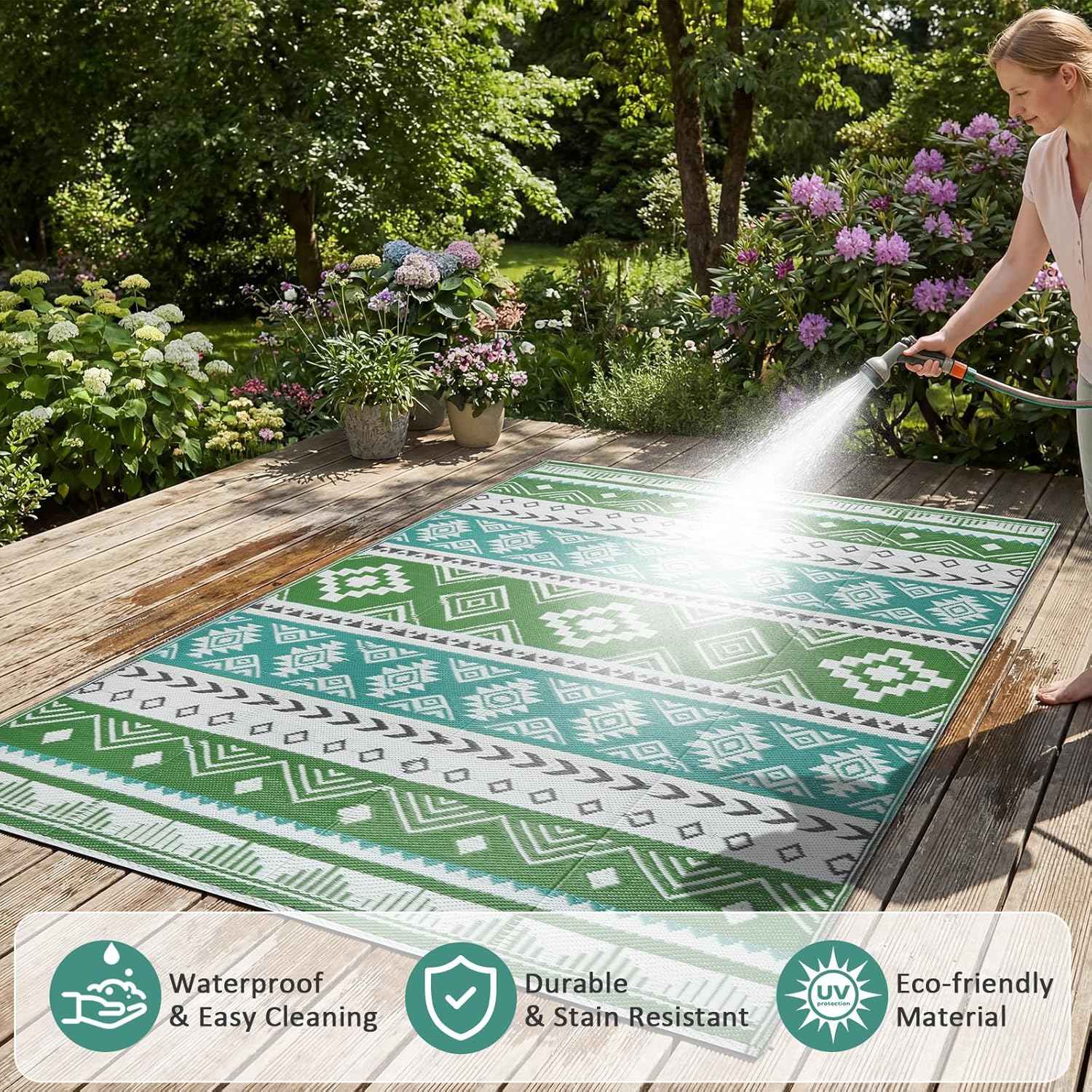 Outdoor Rug 5x8 ft Waterproof Reversible Plastic Straw Patio Camping Rug, Portable Indoor Outdoor RV Mat Carpet for Deck, Camper, Porch, Balcony, Backyard, Picnic, Blue