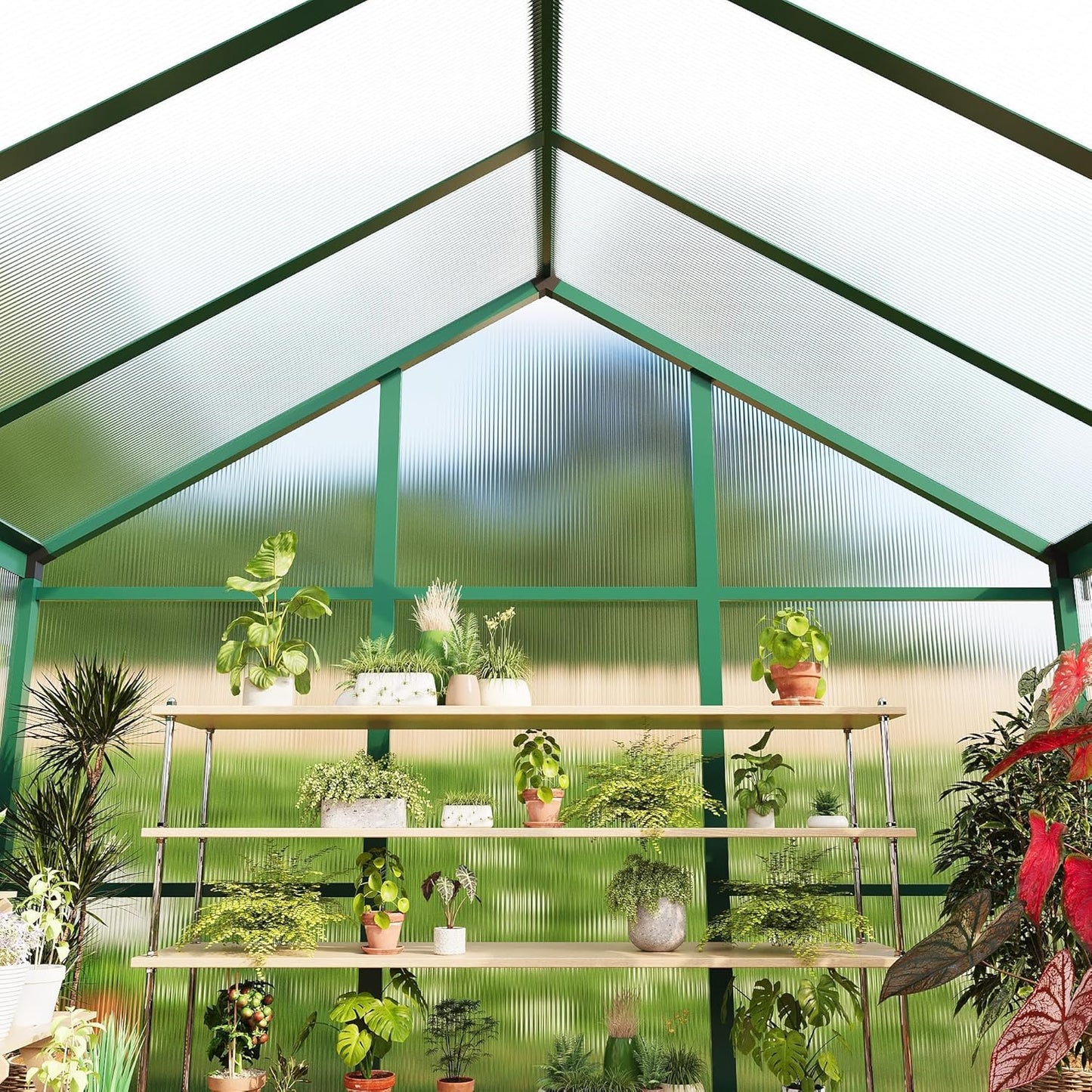 6x10 FT Greenhouse for Outdoors, Polycarbonate Greenhouse with Roof Vent, Ground Nails, Lockable Push Door, Aluminum Large Walk-in Green House for Outside Garden Backyard, Patio, Lawn, Green
