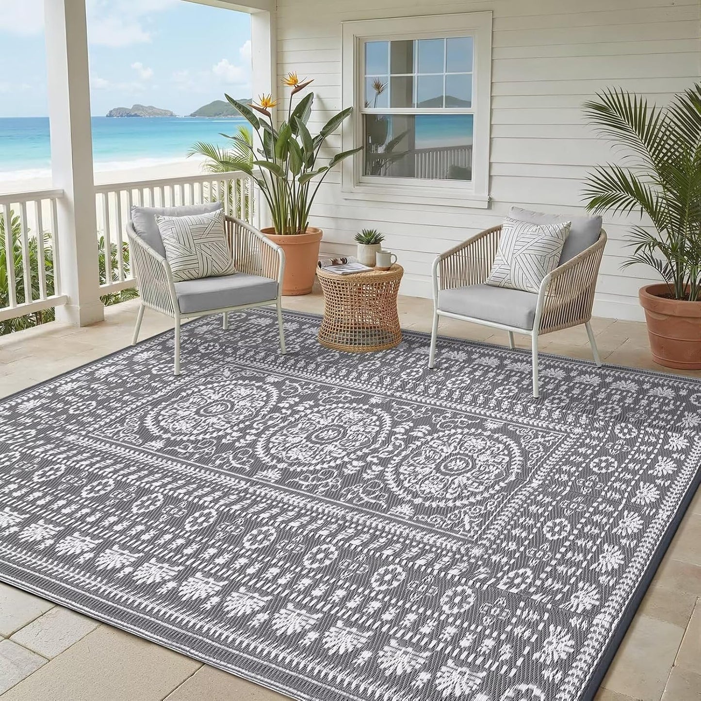 Garvee Reversible Outdoor Rug 5x8 for Patio, Waterproof Outdoor Area Rug, Boho Medallion Indoor Outdoor Carpet for Porch, Plastic Straw Rug for RV, Camping, Deck, Vintage Grey