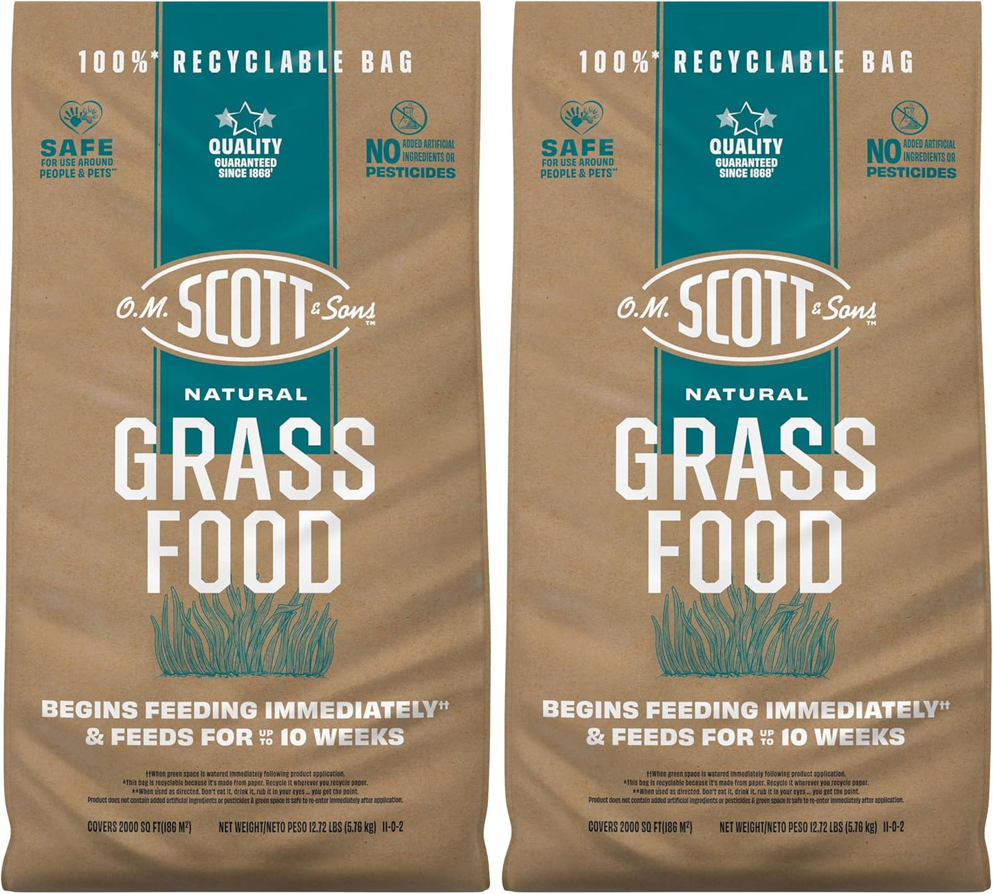 O.M. Scott and Sons Natural Grass Food, Food for Lawns, Fertilizes for up to 10 Weeks, Covers up to 2,000 sq. ft., 12.72 lbs., 2-Pack