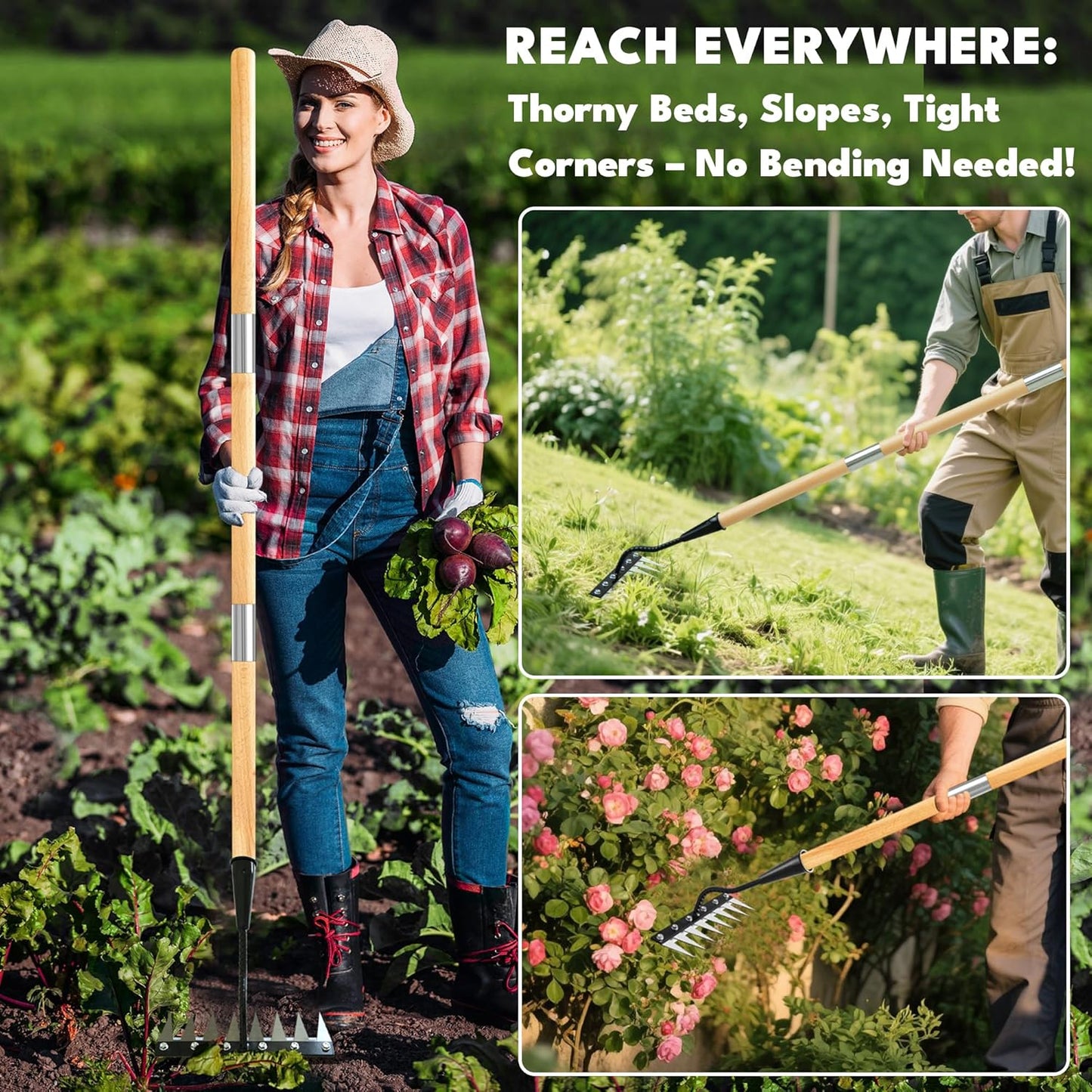 Iron Weeding Rake with Long Handle 2.0, Upgraded 8 Teeths Garden Weed Puller Tool Heavy Duty Gardening Tool for Lawn, Flower Beds & Soil Aeration