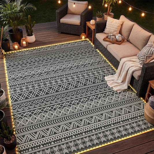 MontVoo-Outdoor Rug Carpet 8x10 ft for Patio RV Camping with Led Strip Lights Waterproof Plastic Straw Rug Reversible Portable Outside Indoor Outdoor Rug Mat for Patio Decor Balcony Picnic-Boho Rug
