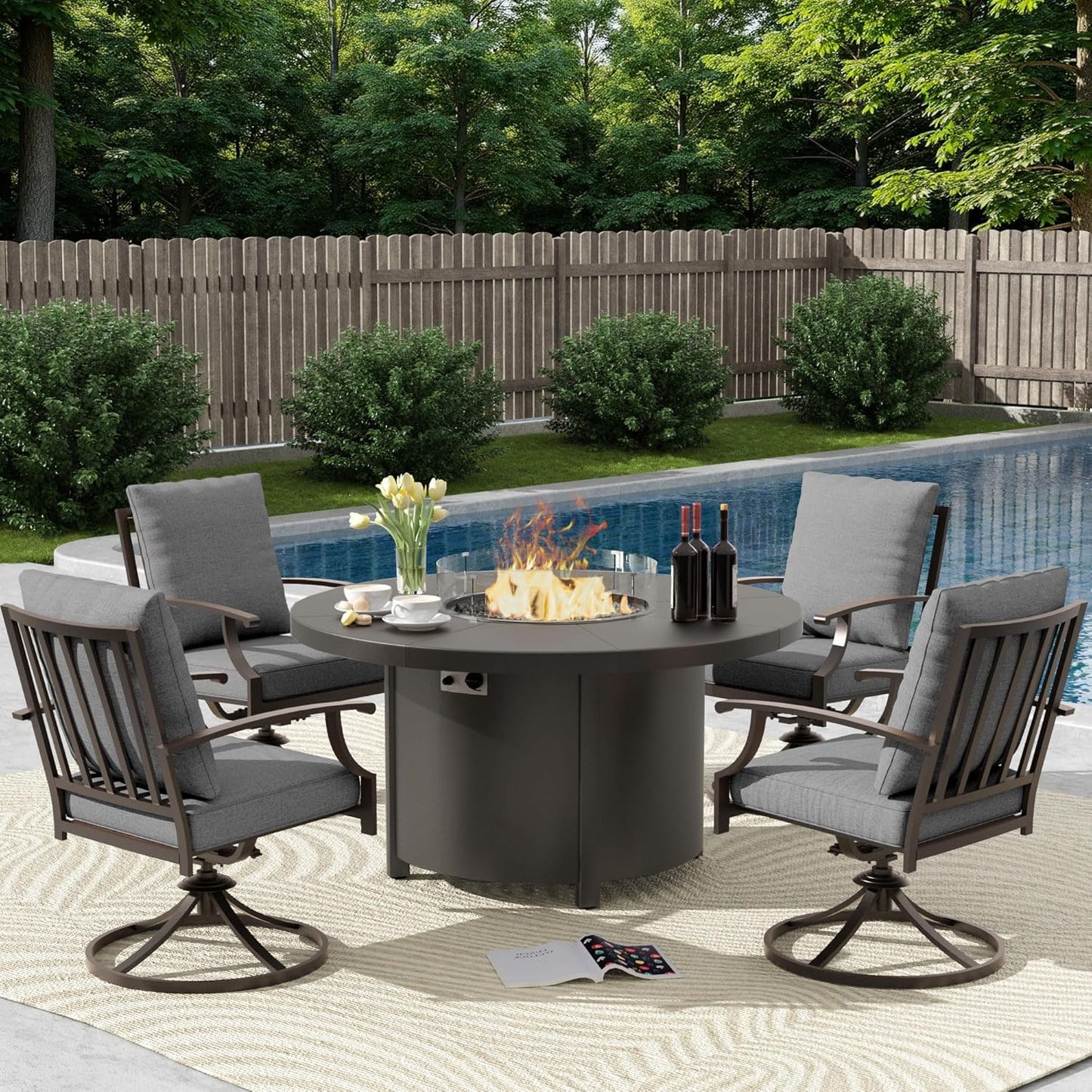 5 Piece Metal Outdoor Patio Furniture Set with 48"/55000 BTU Round Fire Pit Table,Outdoor Dining Table Set 4 Swivel Chairs No-Slip Cushions and Waterproof Covers,Grey