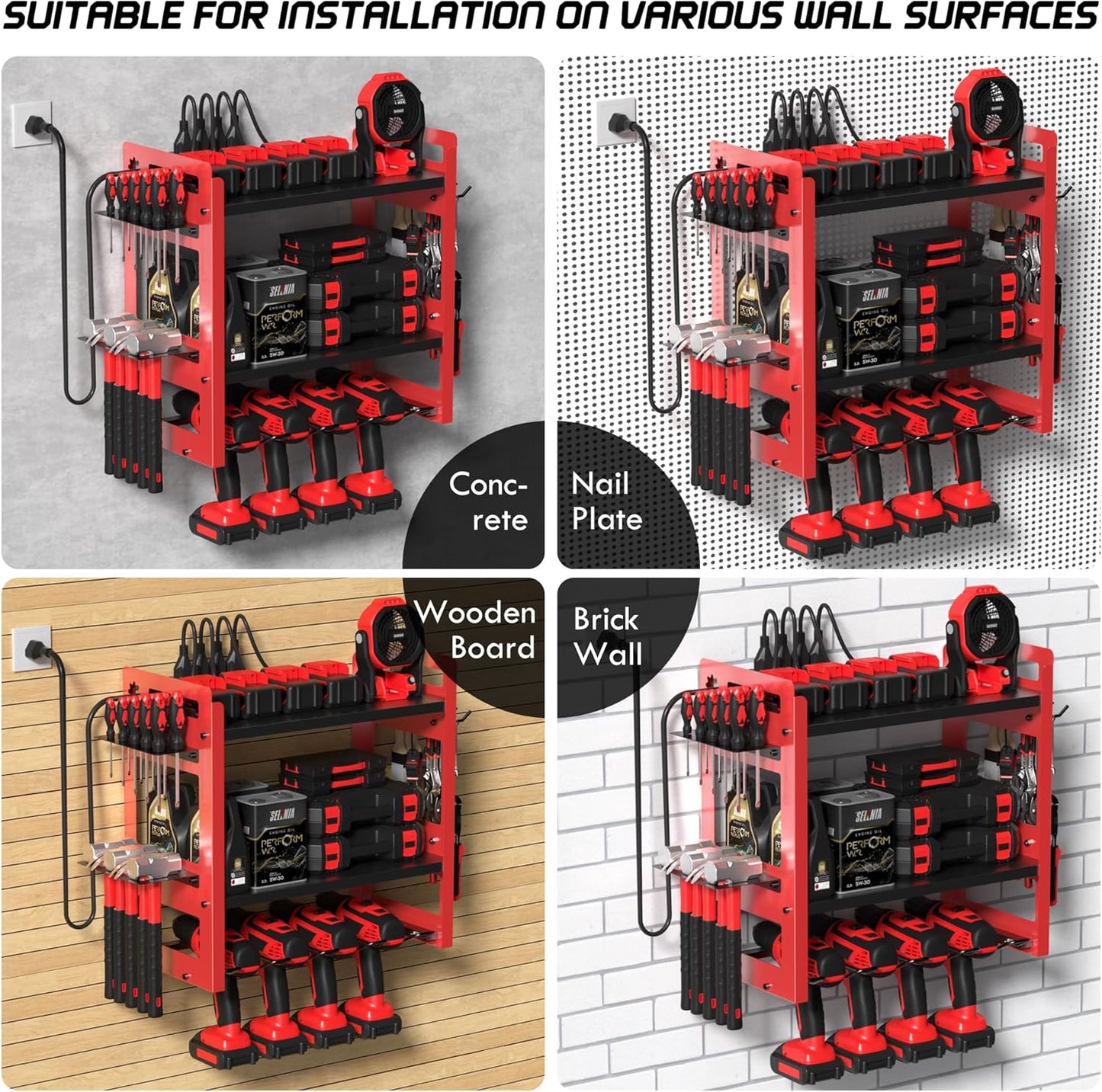 TOPRINCE Power Tool Organizer Wall Mount with Charging Station, 3-Tier Heavy Duty Metal Tool Rack with 4 Drill Holders and 6FT Power Strip, Garage Workshop Storage.Red