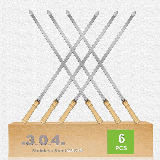 23.5" Long 304 Stainless Steel Skewers for Kabobs with Wood Handle,Heavy Duty Wide Flat Metal Kebab Skewer,Kabob Skewers for Grilling,BBQ Barbecue Skewer Reusable for Outdoor Grill（6 PCS）