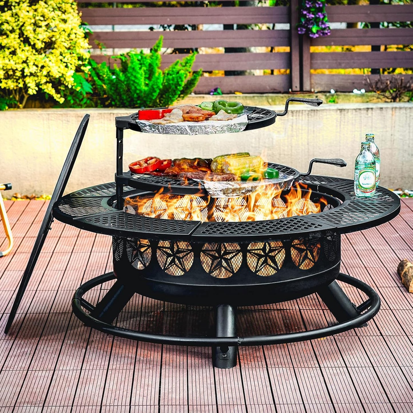 42 Inch BBQ Fire Pit with 2 Grills,3-in-1 Outdoor Round Metal Fire Pit Table with Lid,Fire Poker,Large Outdoor Wood Burning Firepits for Outside,Picnic,Bonfire Backyard Patio(Black)