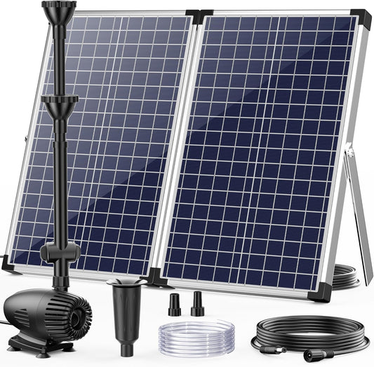 POPOSOAP 70W Solar Water Pump, Solar Water Fountain with Water Shortage Protection, Solar Pond Pump 580GPH Adjustable with PVC Clear Tubing, 17Ft+10Ft Cord for Ponds, Garden, Waterfall, Hydroponics