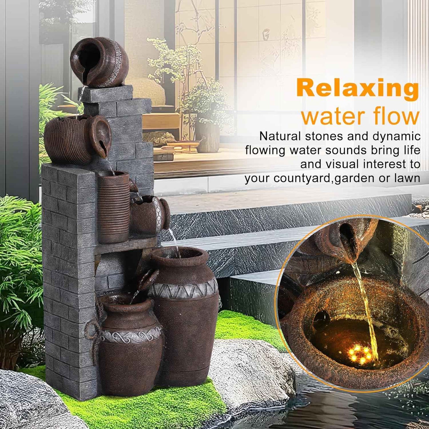 Outdoor Water Fountain 31.5" H Floor-Standing Cascading Garden Fountains, 6-Tiers Indoor/Outdoor Water Fountain with LED Lights for Garden Patio Backyard and Home (14.6"L x 10.6"W x 31.5"H)
