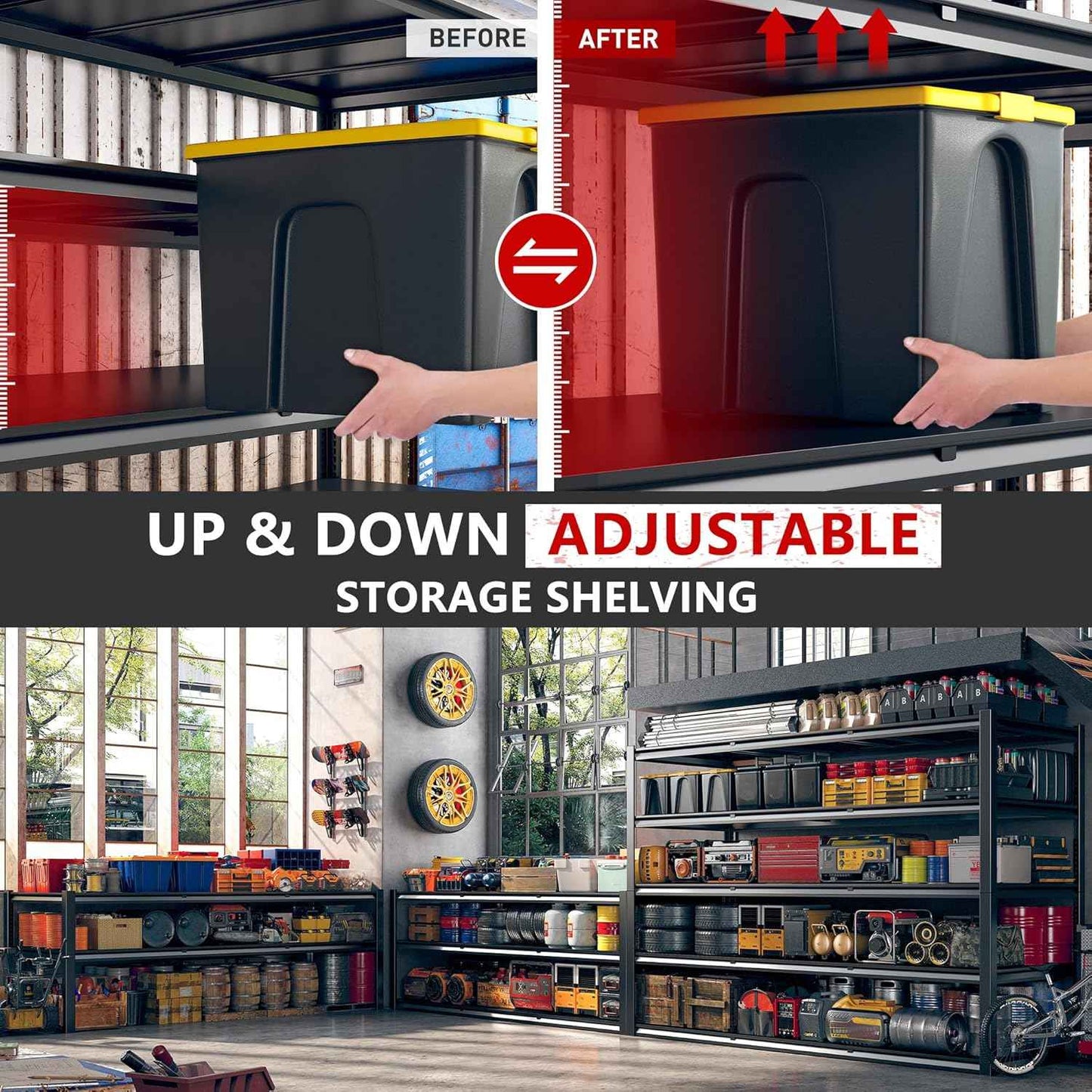 REIBII 60" W Garage Shelving Heavy Duty 3000LBS Garage Shelves 5 Tier Storage Shelves Adjustable Metal Shelving and Industrial Shelving for Basement Workshop, 60" W x 24" D x 72"