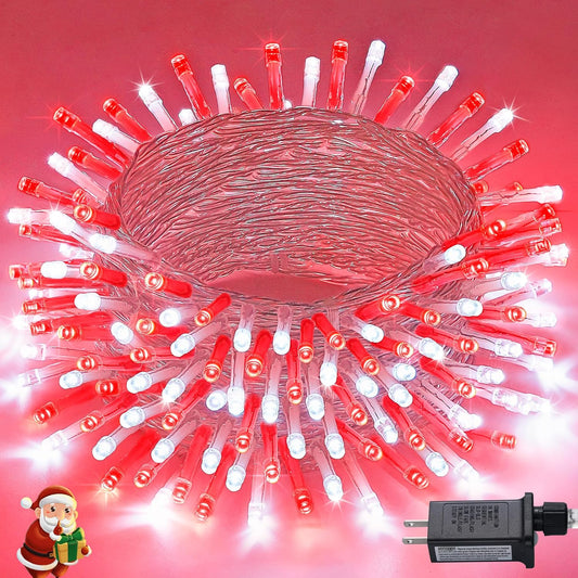 JMEXSUSS Connectable Red and White Christmas Lights, 8 Modes 100 LED Twinkle String Lights Indoor, Clear Wire Plug-in Christmas String Lights Outdoor Waterproof