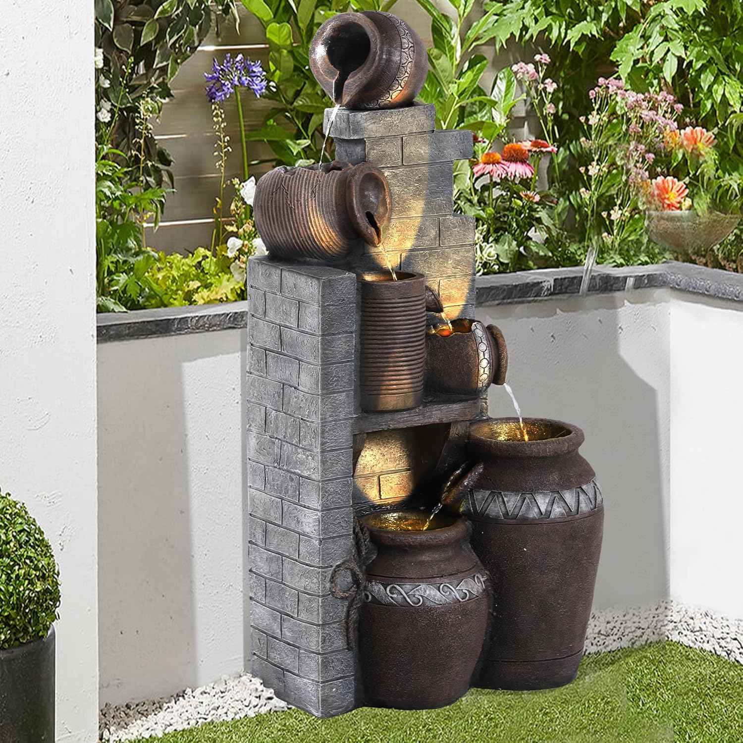 Outdoor Water Fountain 31.5" H Floor-Standing Cascading Garden Fountains, 6-Tiers Indoor/Outdoor Water Fountain with LED Lights for Garden Patio Backyard and Home (14.6"L x 10.6"W x 31.5"H)
