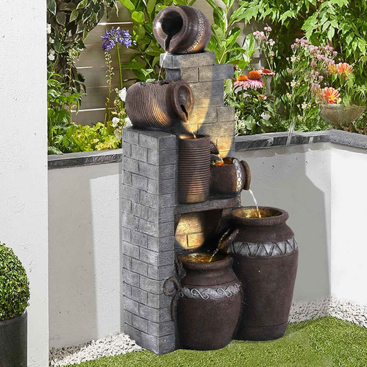 Outdoor Water Fountain 31.5" H Floor-Standing Cascading Garden Fountains, 6-Tiers Indoor/Outdoor Water Fountain with LED Lights for Garden Patio Backyard and Home (14.6"L x 10.6"W x 31.5"H)