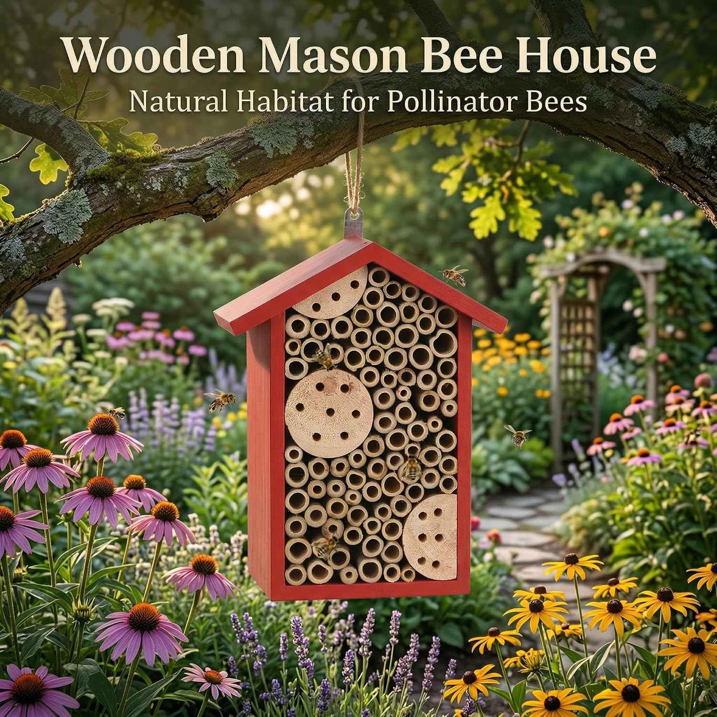 Topadorn Red Wooden Bee House, Natural Bamboo Tube Bee Hotel for Mason Bees, Outdoor Garden Pollinator Shelter with Hanging Ring