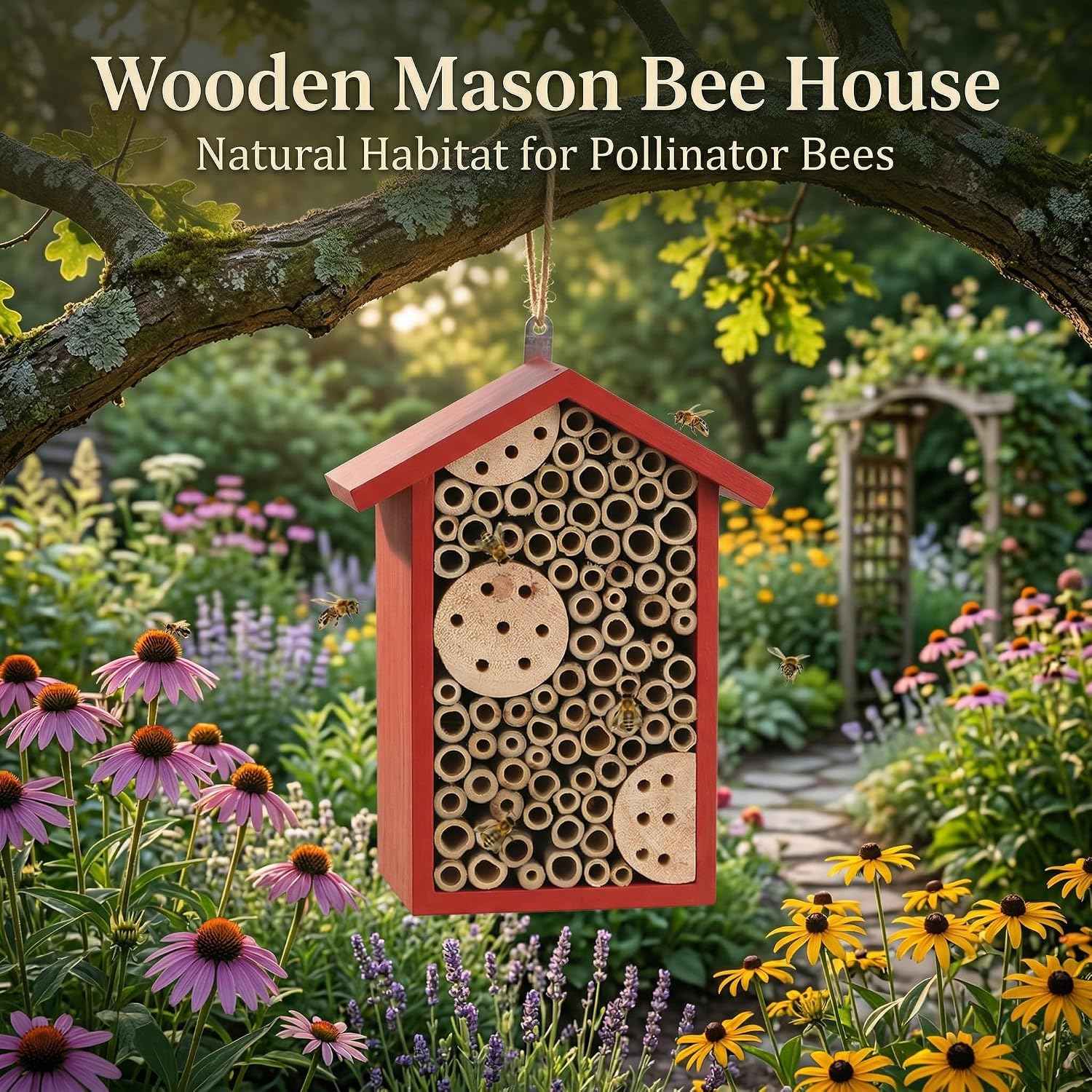Topadorn Red Wooden Bee House, Natural Bamboo Tube Bee Hotel for Mason Bees, Outdoor Garden Pollinator Shelter with Hanging Ring