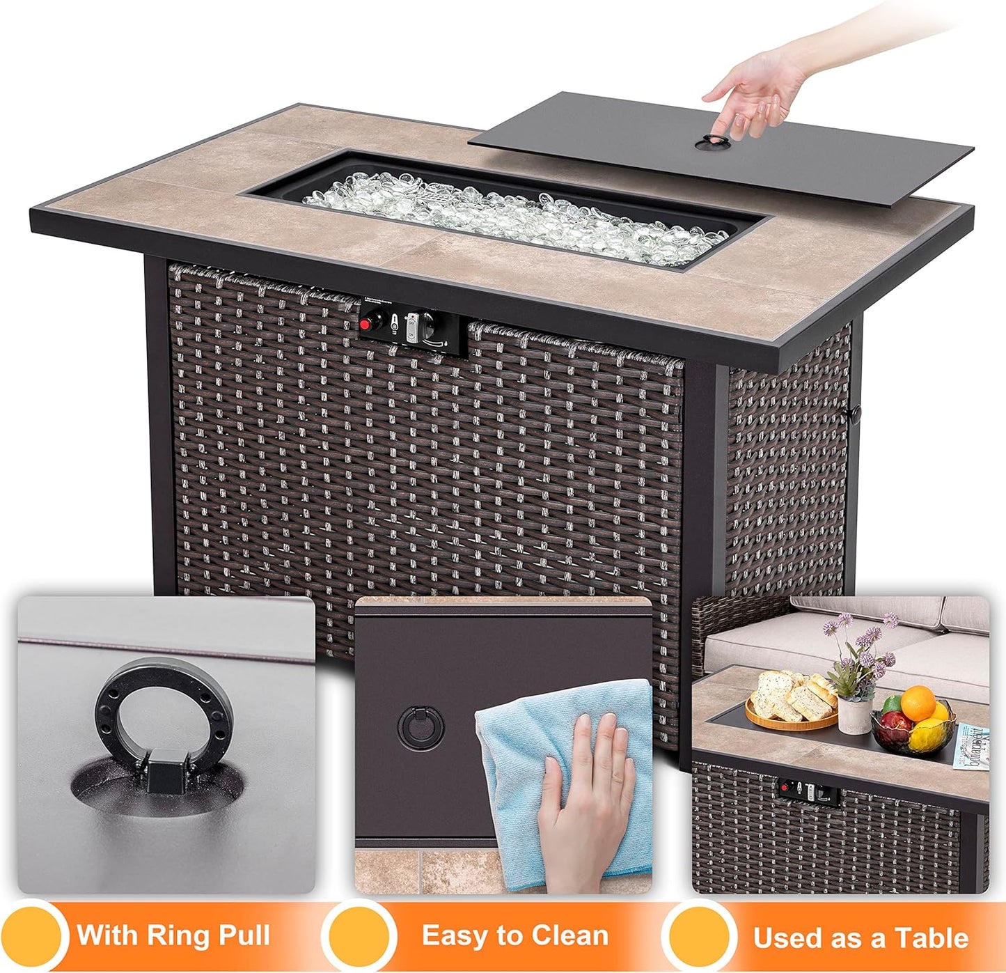 Nuu Garden Propane Fire Pit Table, CSA Certified 43 Inch 50,000 BTU Outdoor Propane Gas Fire Pit Table, Propnae Fire Pit with Ceramic Tabletop, Oxford Cover, 7 lbs Glass Stone, Dark Brown and Coffee