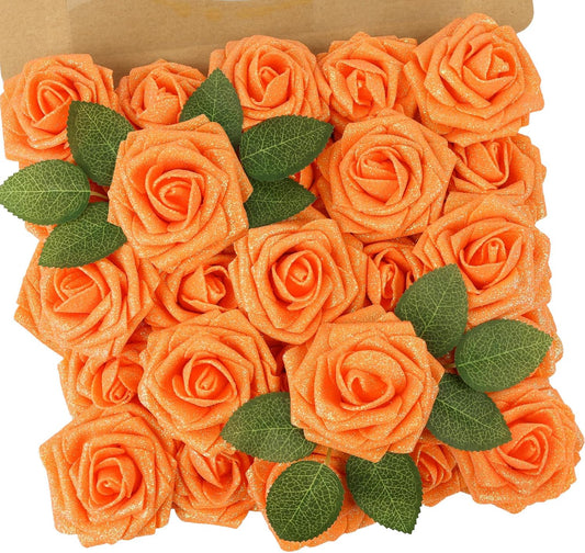 N&T NIETING Artificial Flowers Glowing Burnt Orange Flowers Foam 25pcs Glitter Roses Real Looking Fake Roses with Stem for DIY Wedding Bouquets Centerpieces Bridal Shower Party Home Decorations