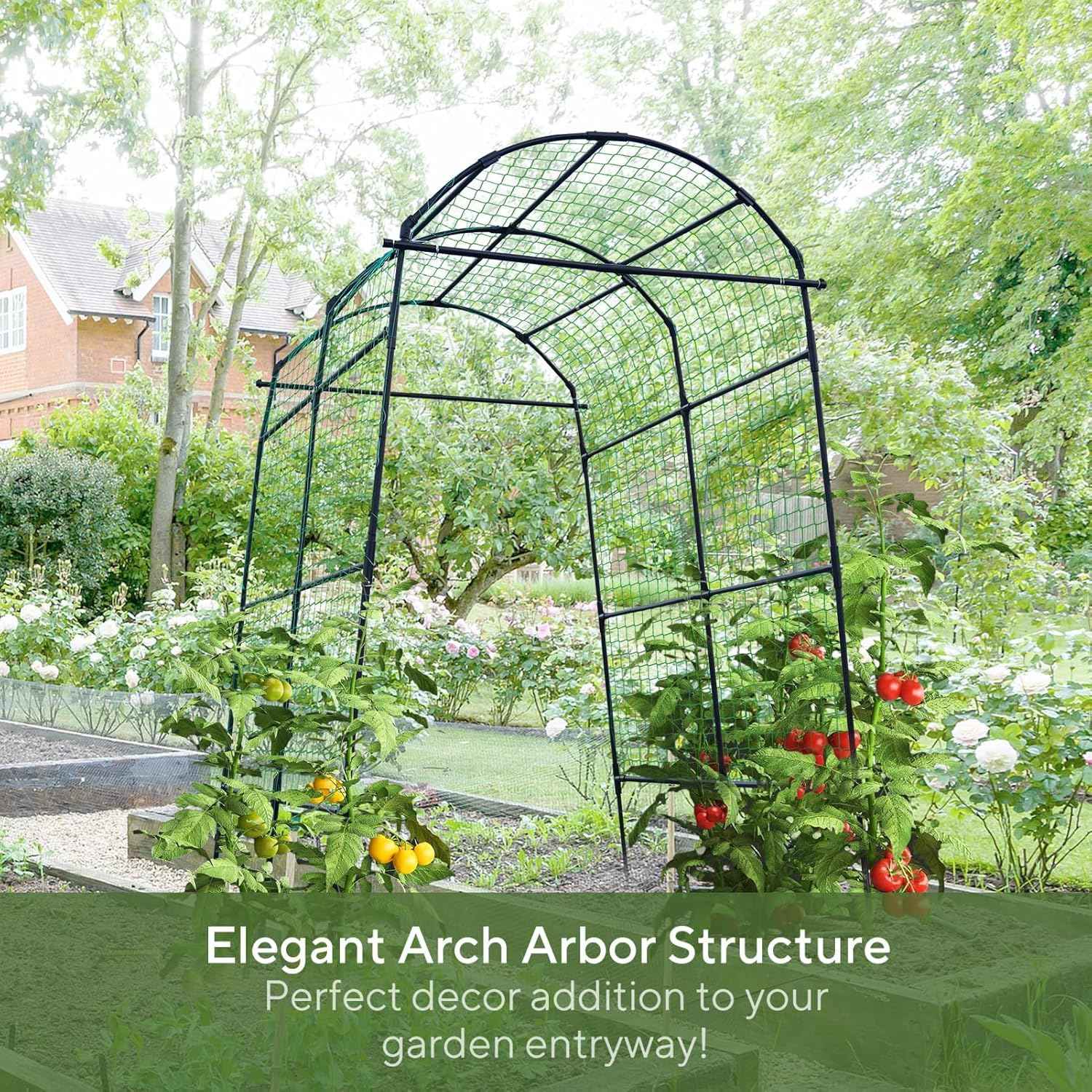 FOLLOOK Garden Arch Trellis for Climbing Plants Outdoor, 7.8 ft Tall Cucumber Trellis for Raised Bed, Plastic-Coated Metal Plant Support Vegetable Squash Pea Bean Grape Vine Arbor, Black