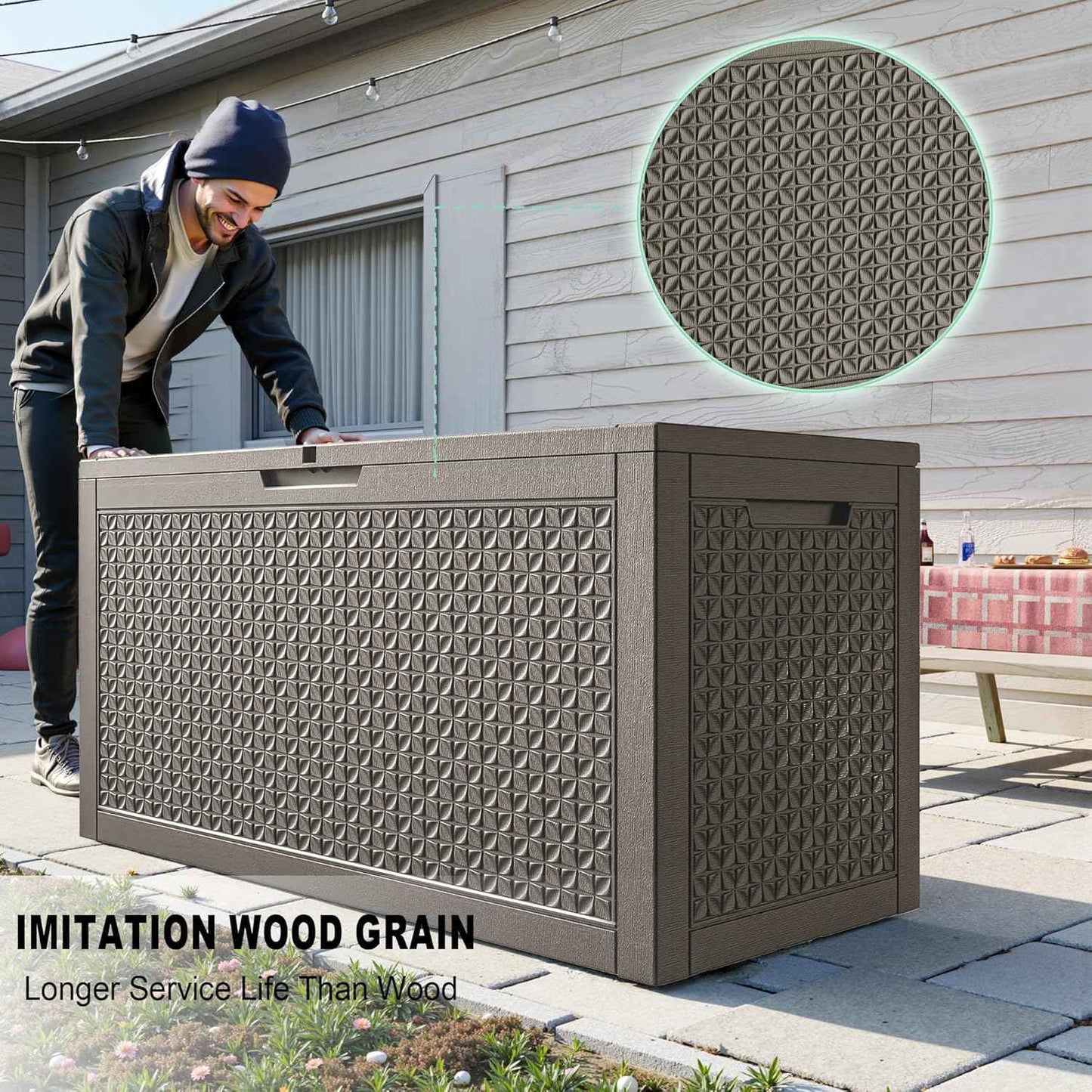 ROJIK 110 Gallon Waterproof Outdoor Deck Storage Box, Lockable Resin Patio Storage Bin with Lid for Garden Tools, Patio Cushions & Outdoor Accessories(Grey)