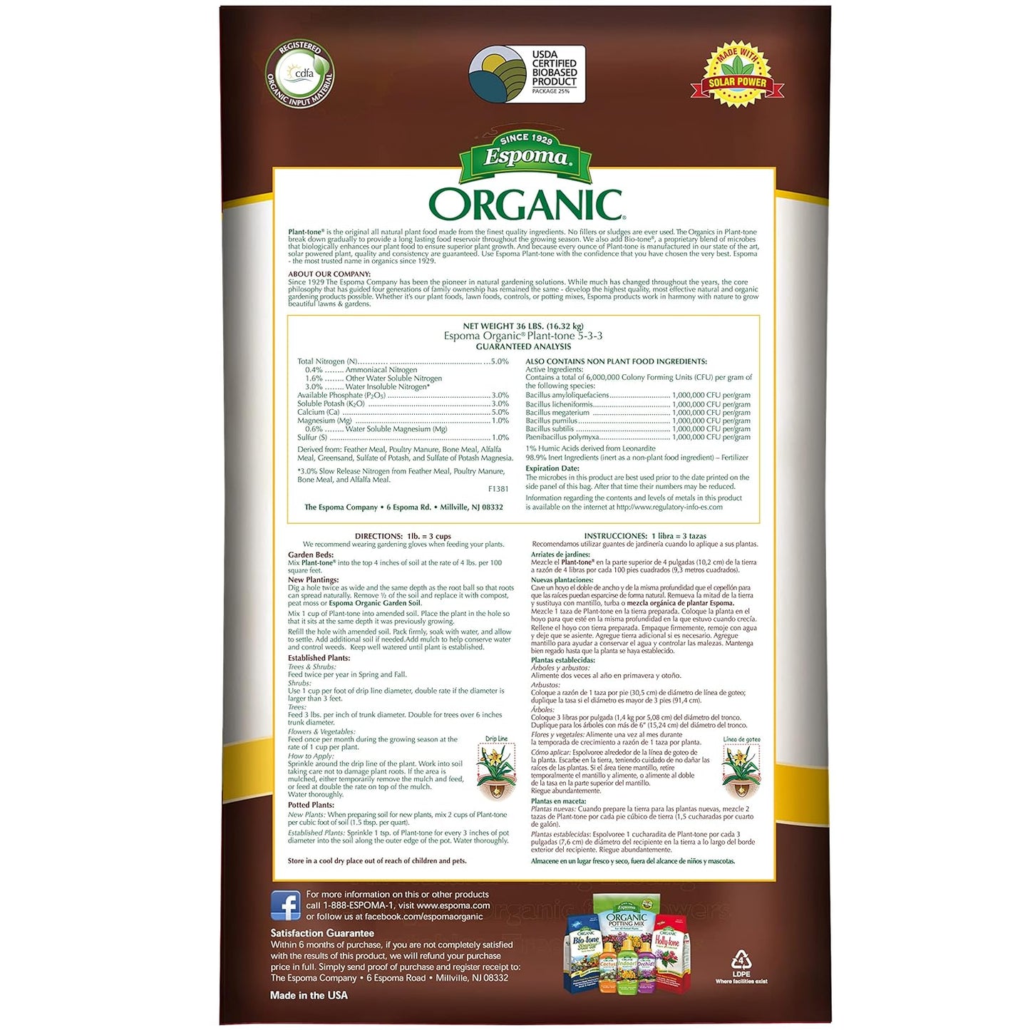 Espoma Organic Plant-Tone 5-3-3 Natural & Organic All Purpose Plant Food; 36 lb. Bag; The Original Organic Fertilizer for All Flowers, Vegetables, Trees, and Shrubs