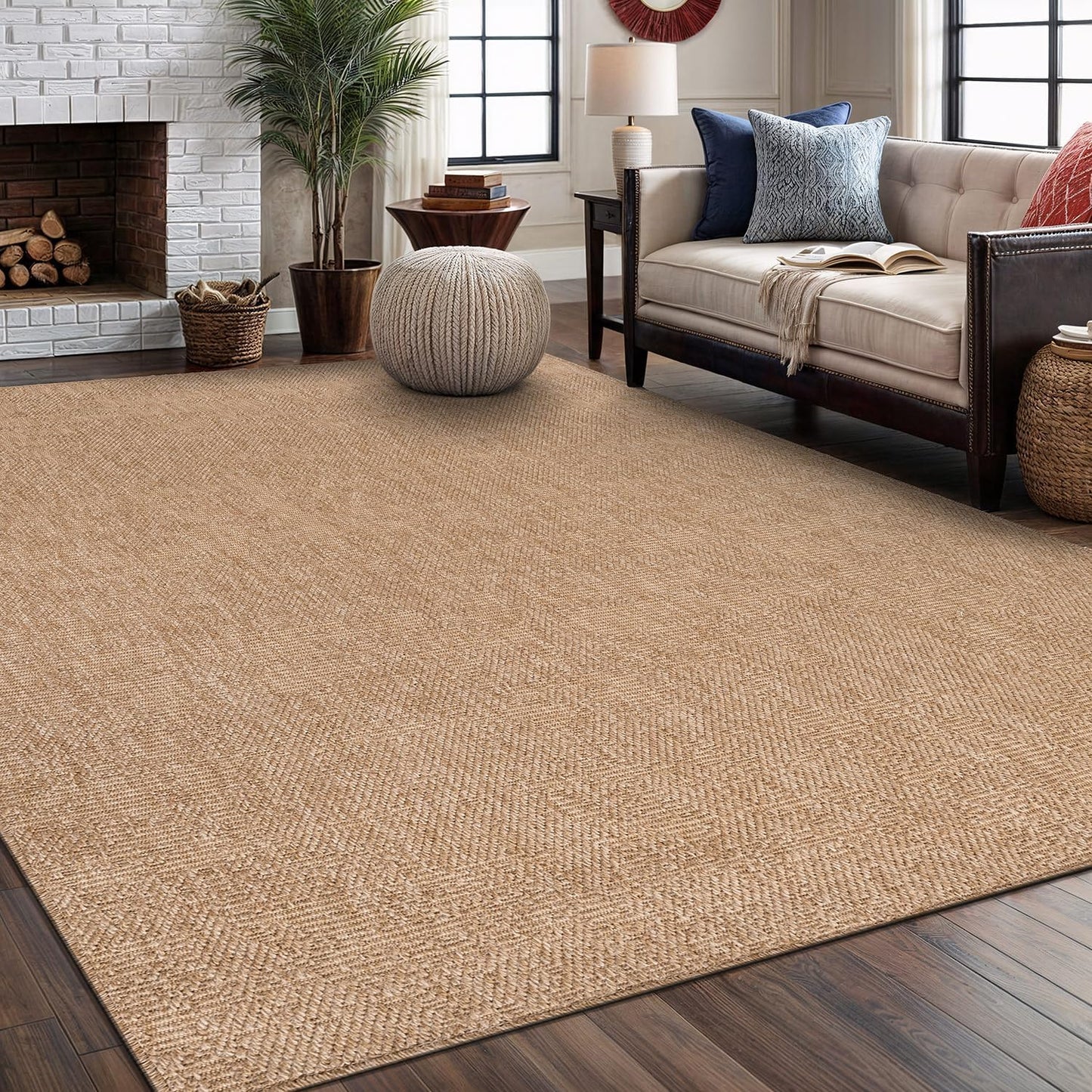 Washable Easy Jute Rug 6x9, Indoor Outdoor Rugs Natural Color Farmhouse Area Rugs for Living Room, Kitchen Rug High Traffic Area, Easy to Clean Solid Boho Woven Design Outside Carpet (6 X 9 Natural)