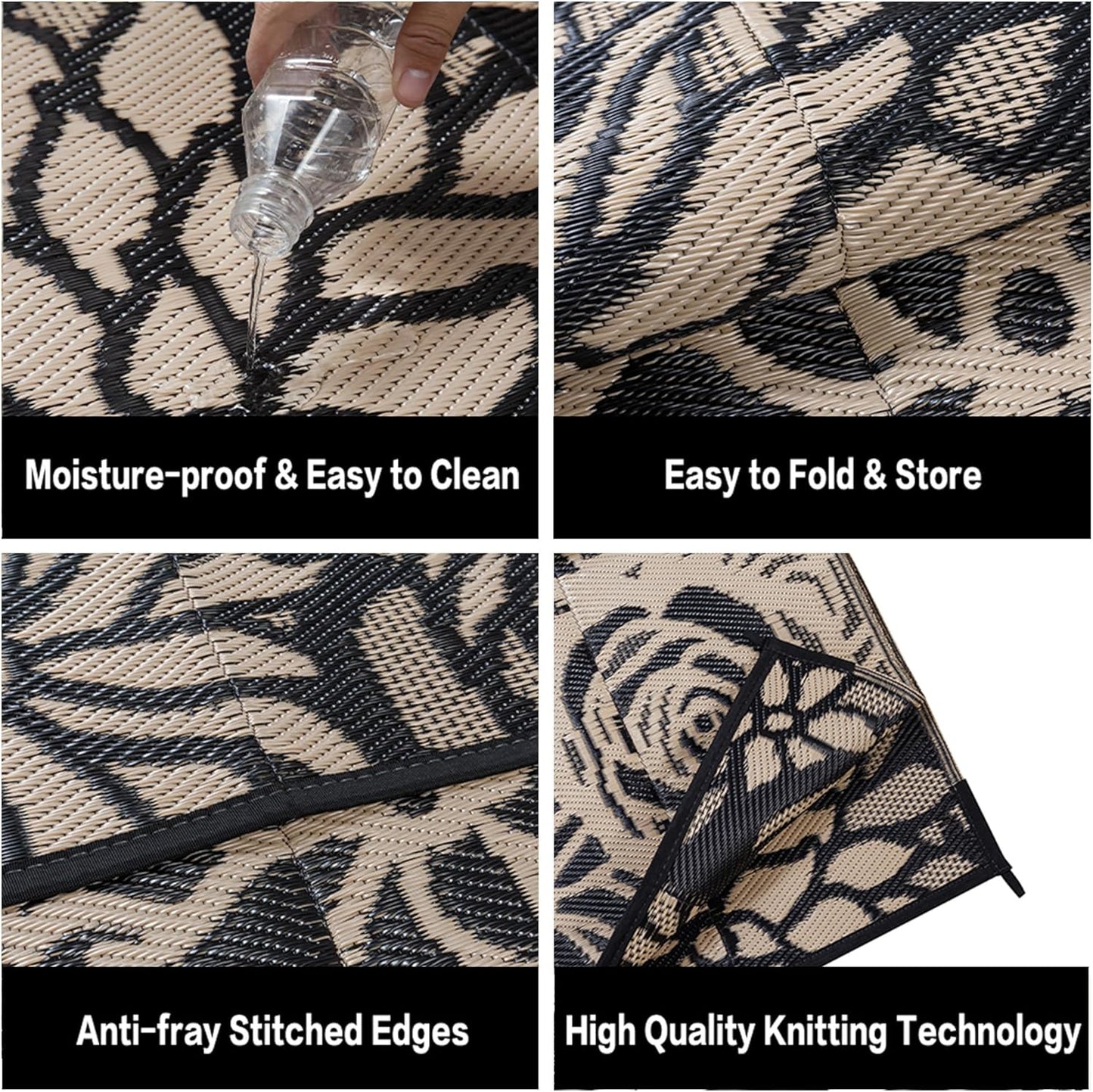 Outdoor Plastic Straw Rug Waterproof Patio 9x12 Black Brown Floral Mat for Porch Camping RV Balcony Deck Courtyard Reversible Lightweight Durable Portable Carpet