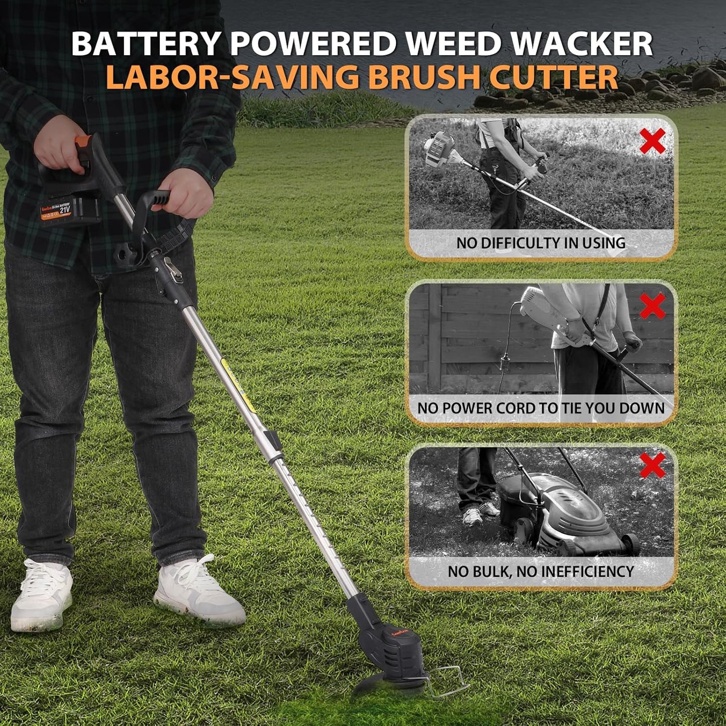21V Electric Weed Wacker, Cordless Brush Cutter String Trimmer with Adjustable Pole & 2x3.0Ah Battery-Powered Weed Wacker, Lightweight & Low Noise, Foldable 3-in-1 Weed Eater for Outdoor, Garden, Yard