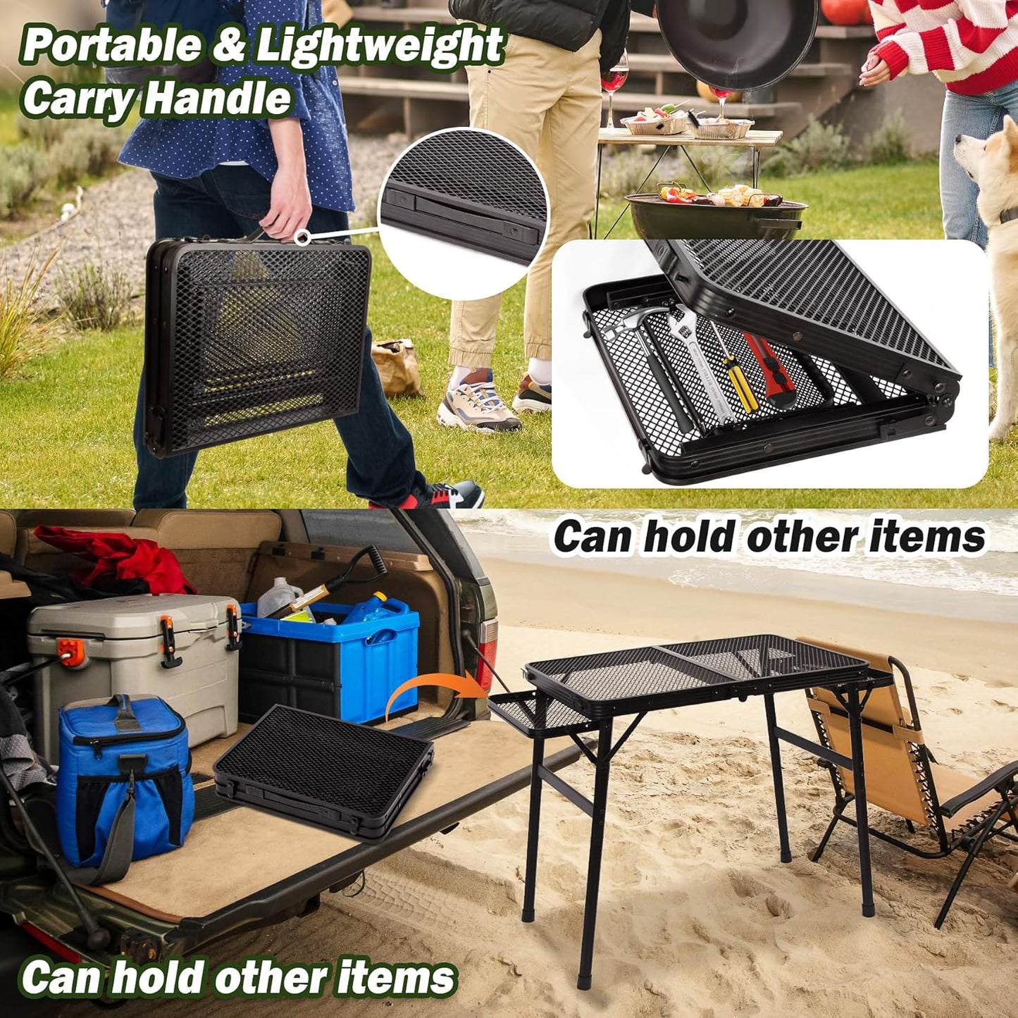 2.5 FT Picnic Table with 2 Wing Panels, Mesh Metal Folding Grill Table Height Adjustable & Lightweight & Portable Table for Outdoor Indoor Camping, Picnic, Beach and BBQ, RV