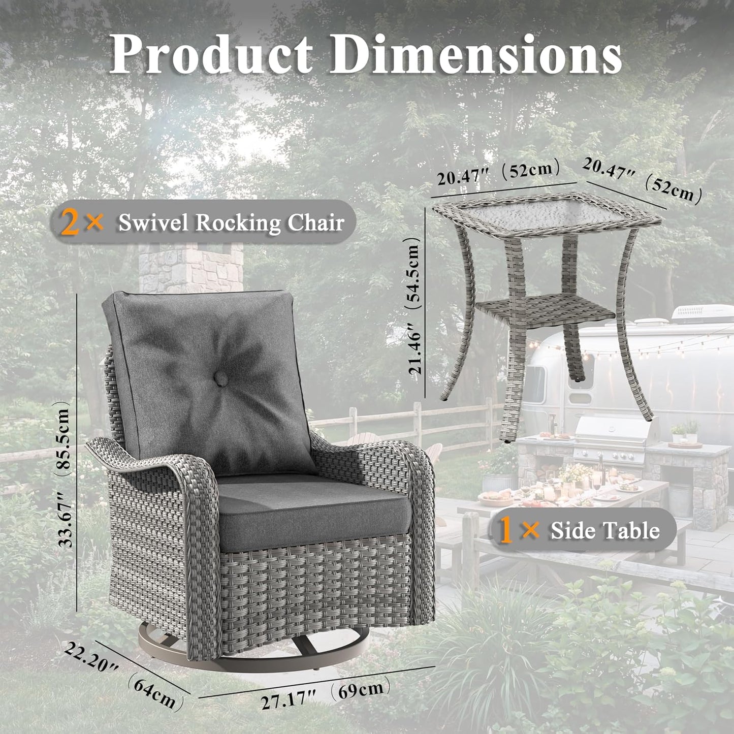 3 Piece Wicker Patio Furniture Set, Swivel Rocking Chairs with 4''Cushions, PE Rattan, Rust Resistant Frame, Double Layer Glass Side Table, for Backyard, Deck or Balcony, Black