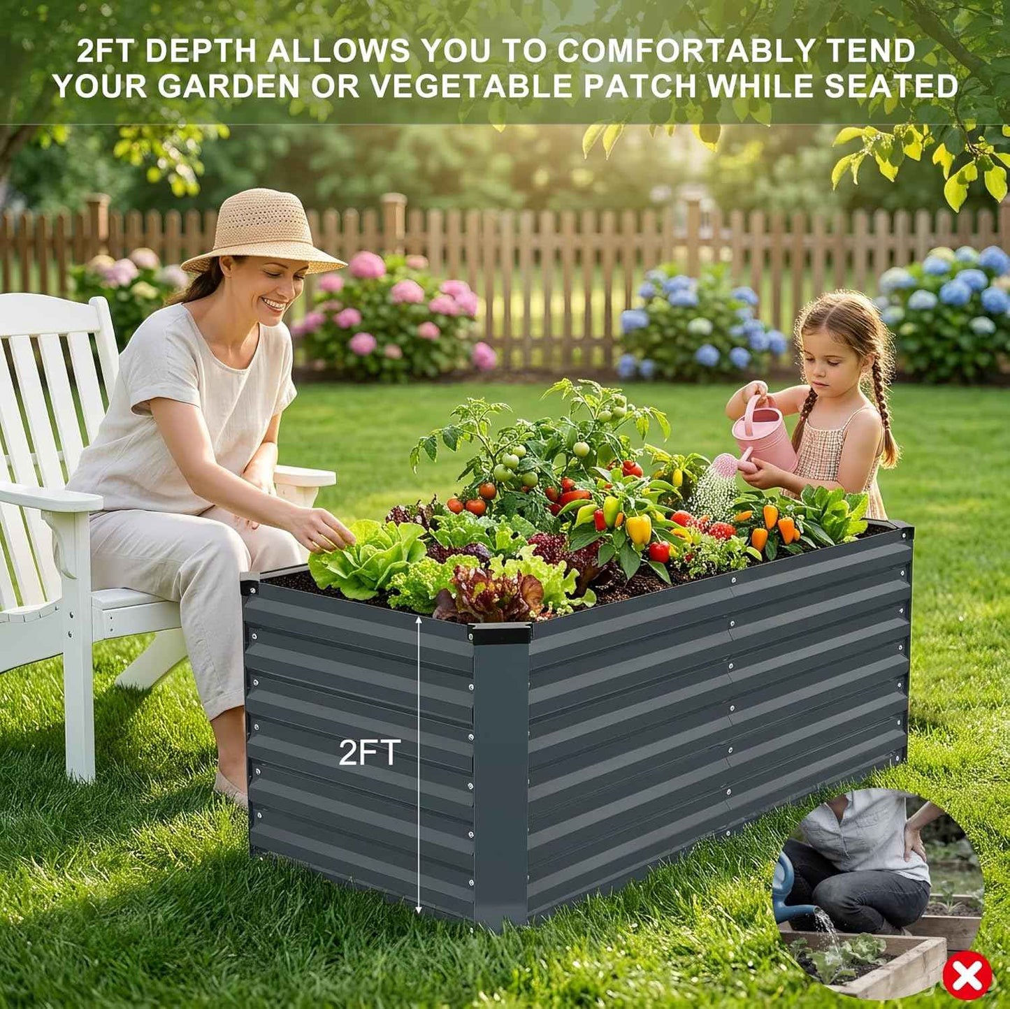 Galvanized Raised Garden Bed 4x2x2ft, Raised Beds for Gardening, Reinforced Support Bars & Safety Edges for Vegetables, Flowers, Herbs, Gray (Grey, 4x2x2FT)