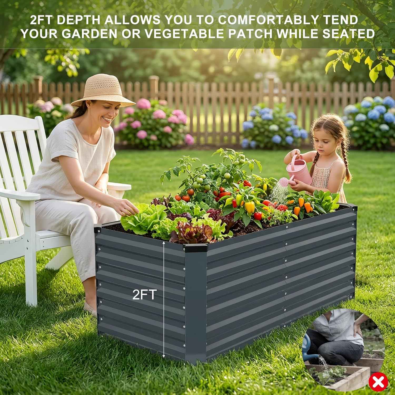 Galvanized Raised Garden Bed 4x2x2ft, Raised Beds for Gardening, Reinforced Support Bars & Safety Edges for Vegetables, Flowers, Herbs, Gray (Grey, 4x2x2FT)