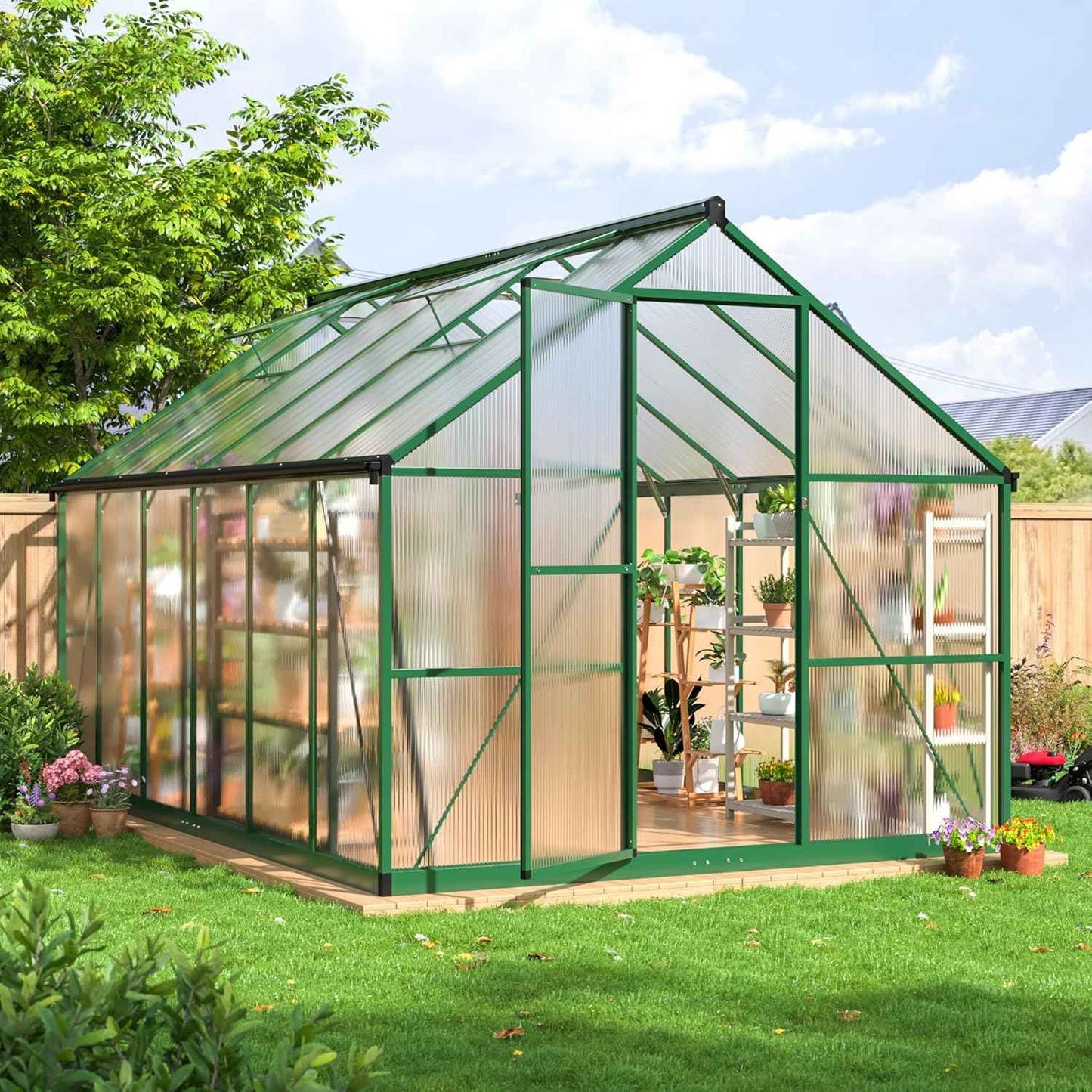 AirWire 8×12 FT Walk-in Greenhouse for Outdoors, Polycarbonate Greenhouse Kit with Roof Vent, Large Heavy Duty Green Houses for Outside Backyard Patio Garden, Green