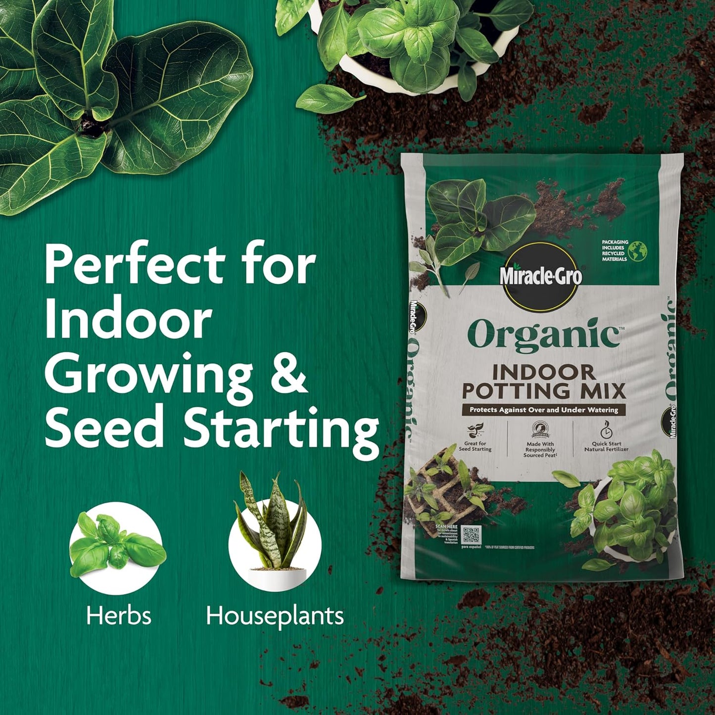 Miracle-Gro Organic Indoor Potting Mix - Protects Against Over and Under Watering, Planting Soil for Indoor Container Plants, Houseplants and Starter Plants, OMRI Listed, 16 qt. (2-Pack)