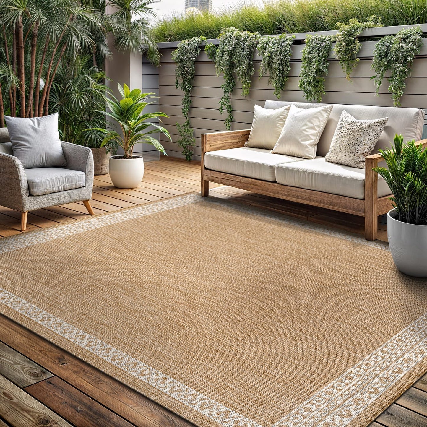 Washable Outdoor Rug 5x7 Modern Area Rugs Outdoor Carpets Bordered Pattern Non Shedding Waterproof Easy Clean Patio Deck Porch Living Room Bedroom Garden RV (5 X 7 Natural)