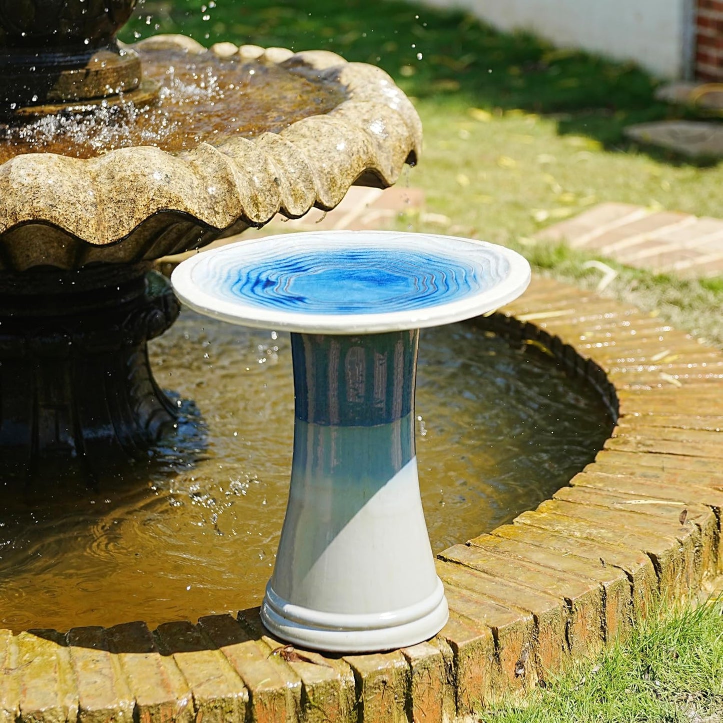 17'' Ceramic Bird Bath for Outside, Elegant Tall Pedestal Birdbath with Blue Ombre Glaze, Lightweight Outdoor Bird Bath with Swirl Pattern for Garden Patio Yard