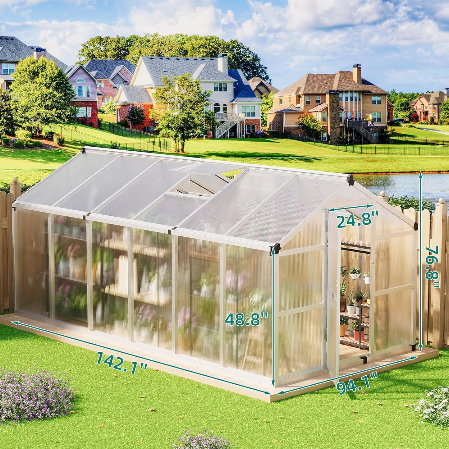 8x12 FT Greenhouse - Large Aluminum Greenhouses for Outdoors, Heavy Duty Polycarbonate Greenhouse with Roof Vent&Ground Nails, Walk-in Green Houses for Garden, Backyard, Patio, Easy Assembly