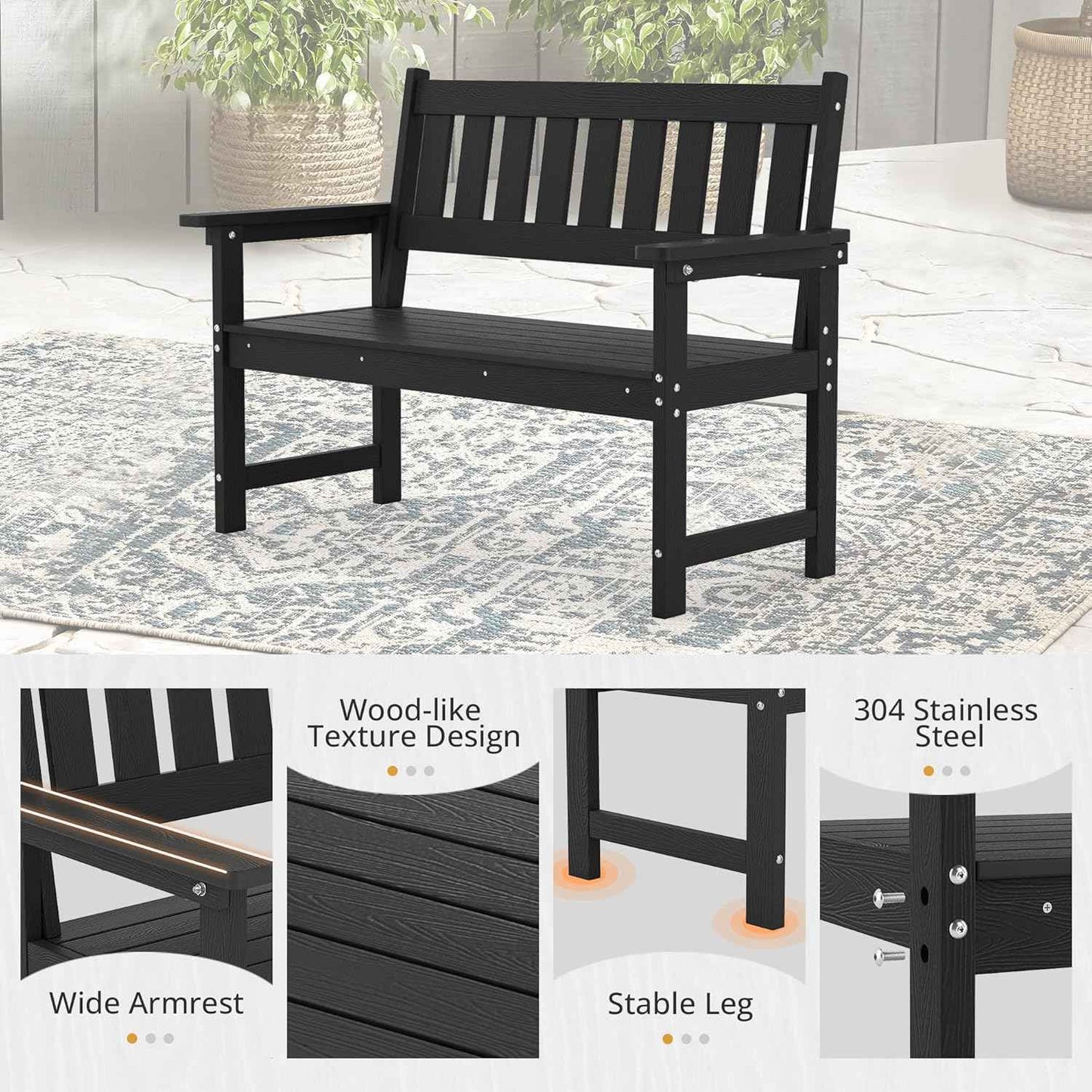 LUE BONA Outdoor Bench, 2-Person HDPS Garden Bench, Outdoor Benches Weatherproof, All-Weather Fade/Rot Resistant Patio Bench for Park, Front Porch, Backyard (Black)
