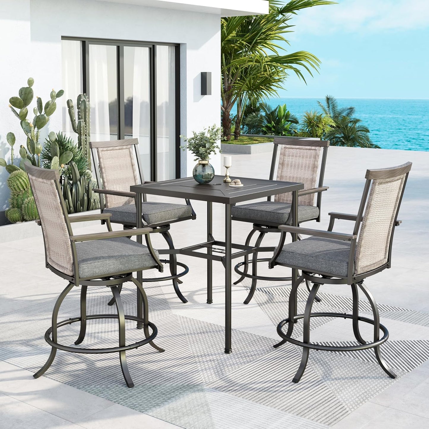MFSTUDIO Outdoor Bar Set of 5 with 4 Swivel Rattan Backrest Metal Patio Bar Stool and 1 Square Metal Table, All Weather Resistant Patio Table and Chair Set