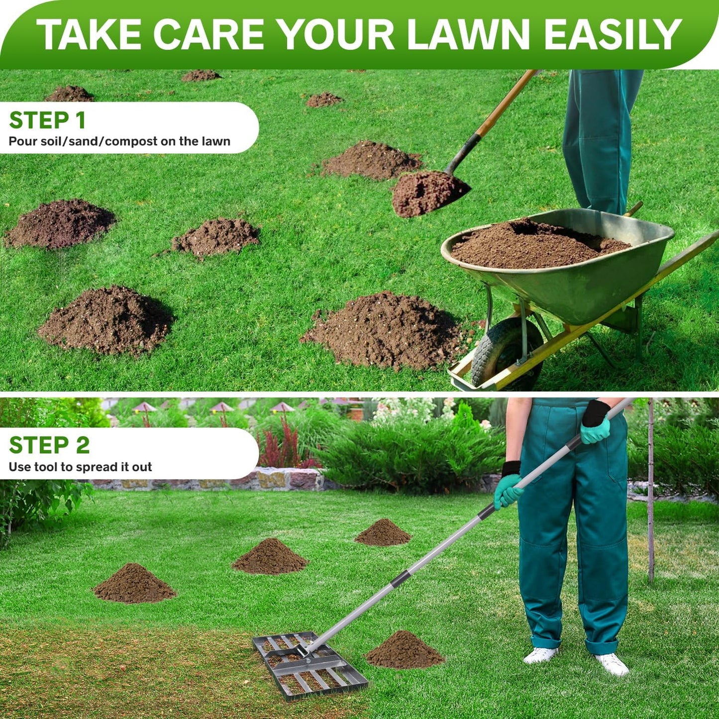 Lawn Leveling Rake, Lawn Leveler with Stainless Steel Long Handle, Heavy Duty Yard Level Tool for Leveling Soil, Sand Or Dirt Surfaces, Gardening Gloves Gift Included (17x10in)