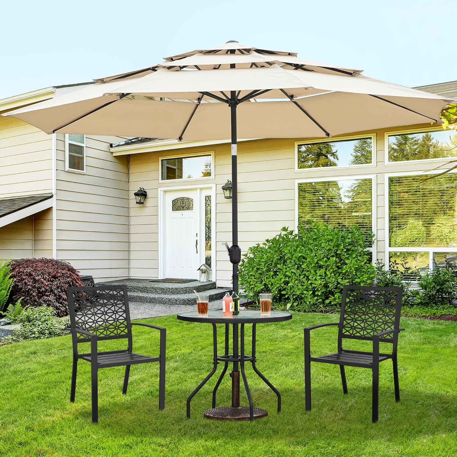 Yaheetech 27.4'' Patio Bistro Table Round Outdoor Coffee Table, Round Tempered Glass Top with 1.7'' Umbrella Hole, Iron Frame for Balcony Backyard Lawn and Garden