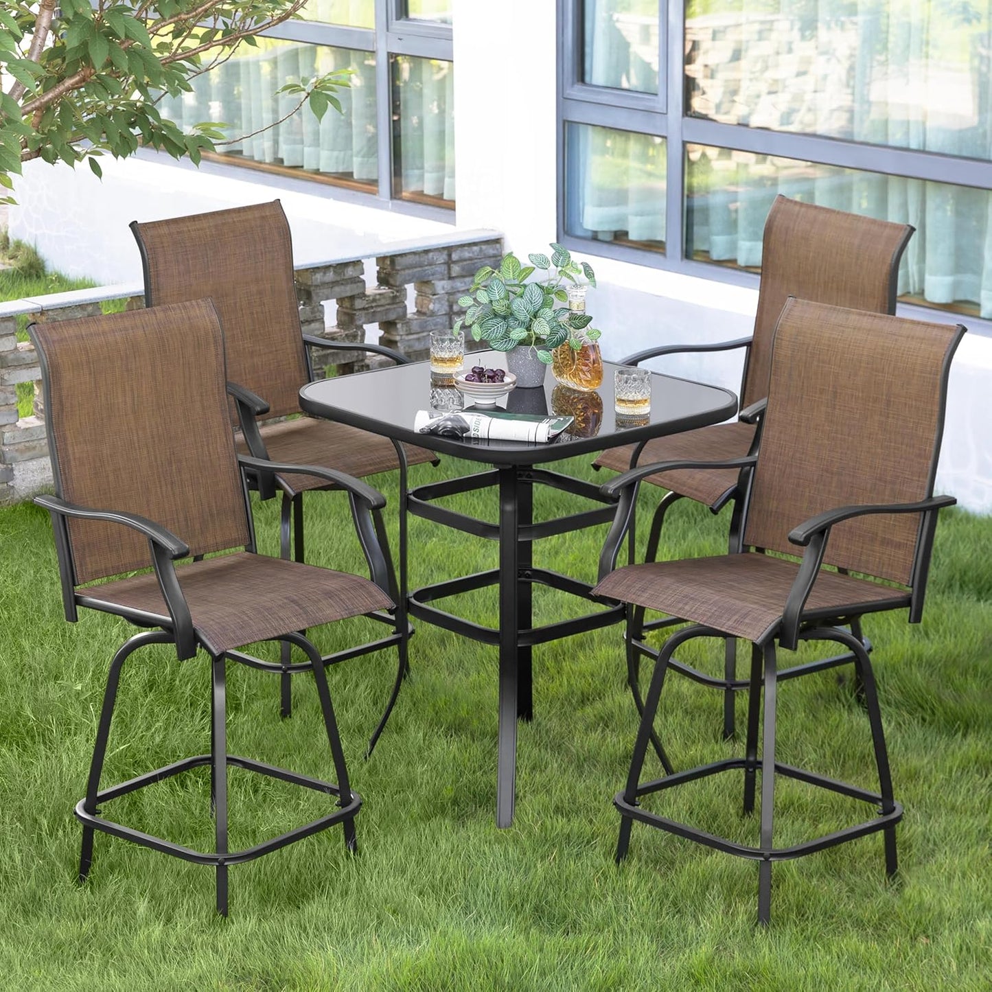 NUU GARDEN 5 Piece Patio Bar Set with Square Silk Screen Bar Height Glass Table and 4 Counter Textilene Height Swivel Chairs for Patio, Yard, Outdoor, Black&Brown