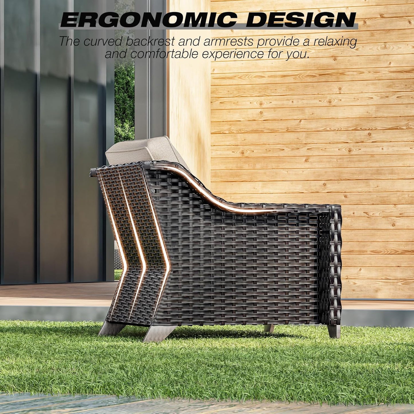 Joyside Wicker Patio Furniture Sets, 5 Pieces Upgraded Large Size Outdoor Furniture with Patio Dining Chairs, 3-Seat Sofa and Outdoor Ottoman, Thick Cushions, Wide Armrest