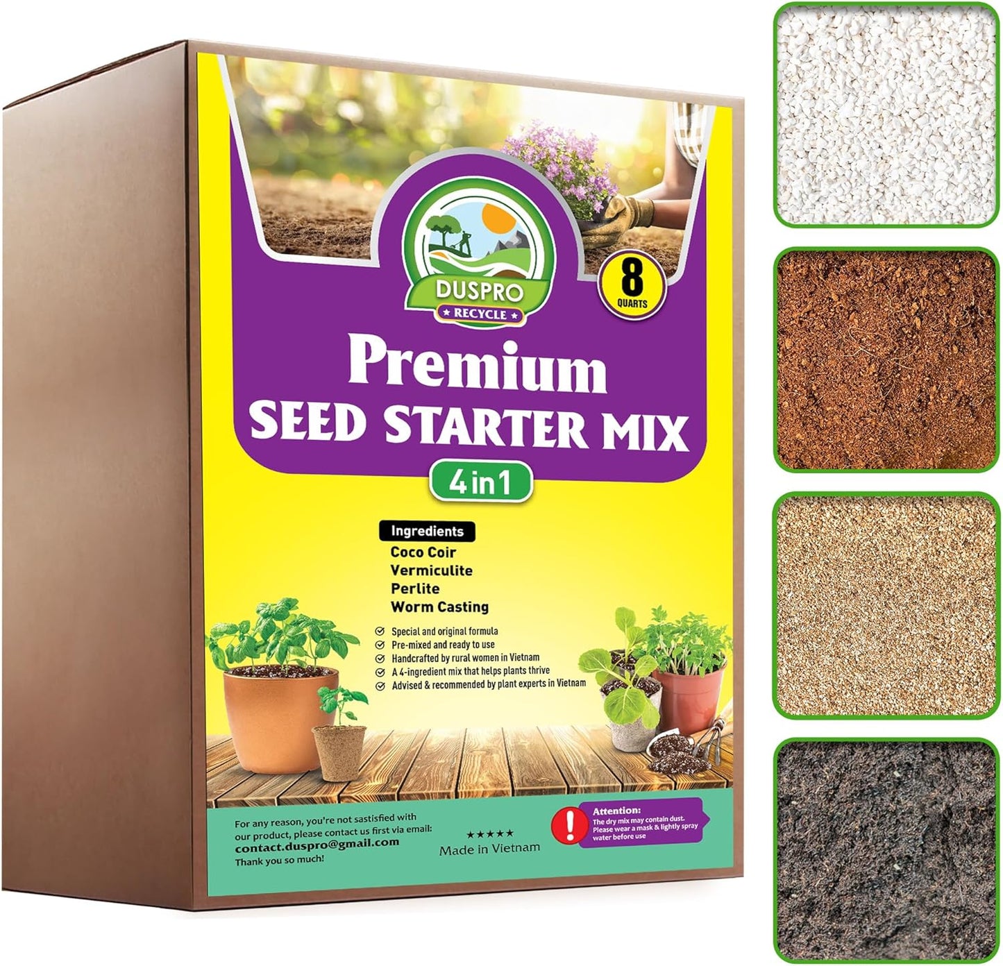 Seed Starter Potting Soil Mix, 8 Dry Quarts, Ready-to-Use Peat-Free Coco Coir Seed Starting Mix 4-in-1 Blend with Perlite, Vermiculite & Worm Castings for Germination & Seedlings