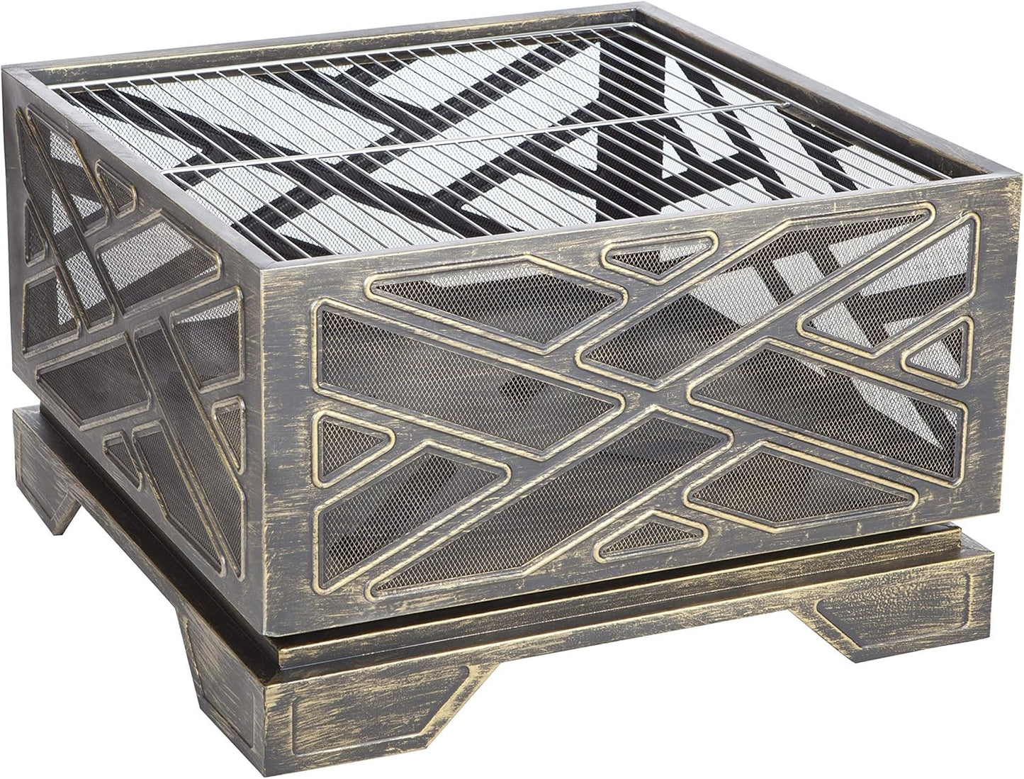 Fire Sense 62239 Fire Pit Catalano Wood Burning Lightweight Portable Outdoor Firepit Backyard Fireplace for Camping Bonfire Included Screen Lift Tool & Cooking Grate - Square - Antique Bronze Finish