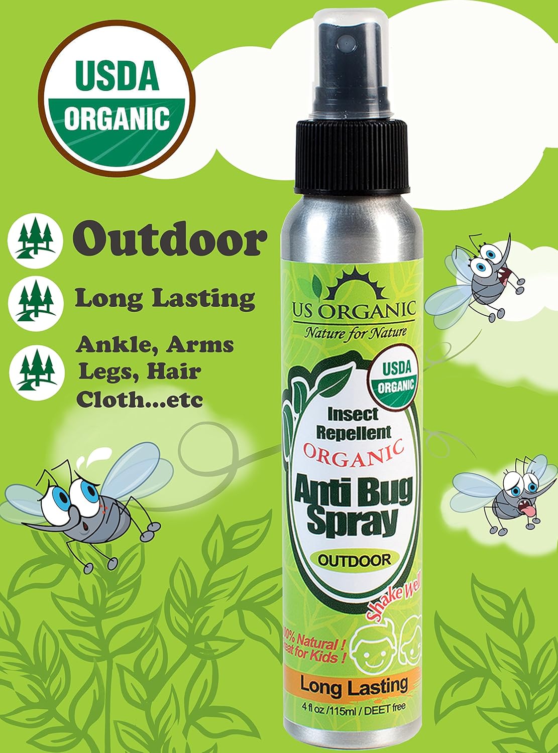 US Organic Mosquito Repellent Anti Bug Outdoor Pump Spray, 4 oz, Certified Organic, DEET-Free, Natural Insect Protection for Camping, Hiking, Travel