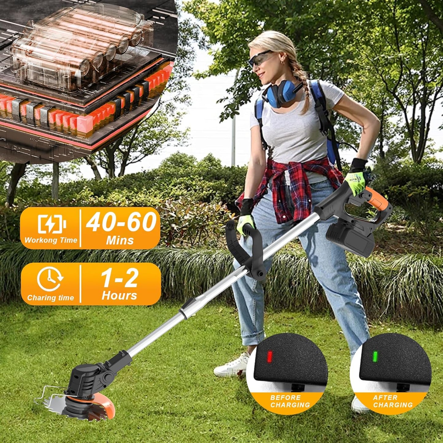 Electric Weed Wacker Lightweight 21V with 2 Li-ion Batteries Cordless Weed Wacker 1 Charger and 16 Blades, for Yard, Lawn, Garden, Shrub Trimming (Black)