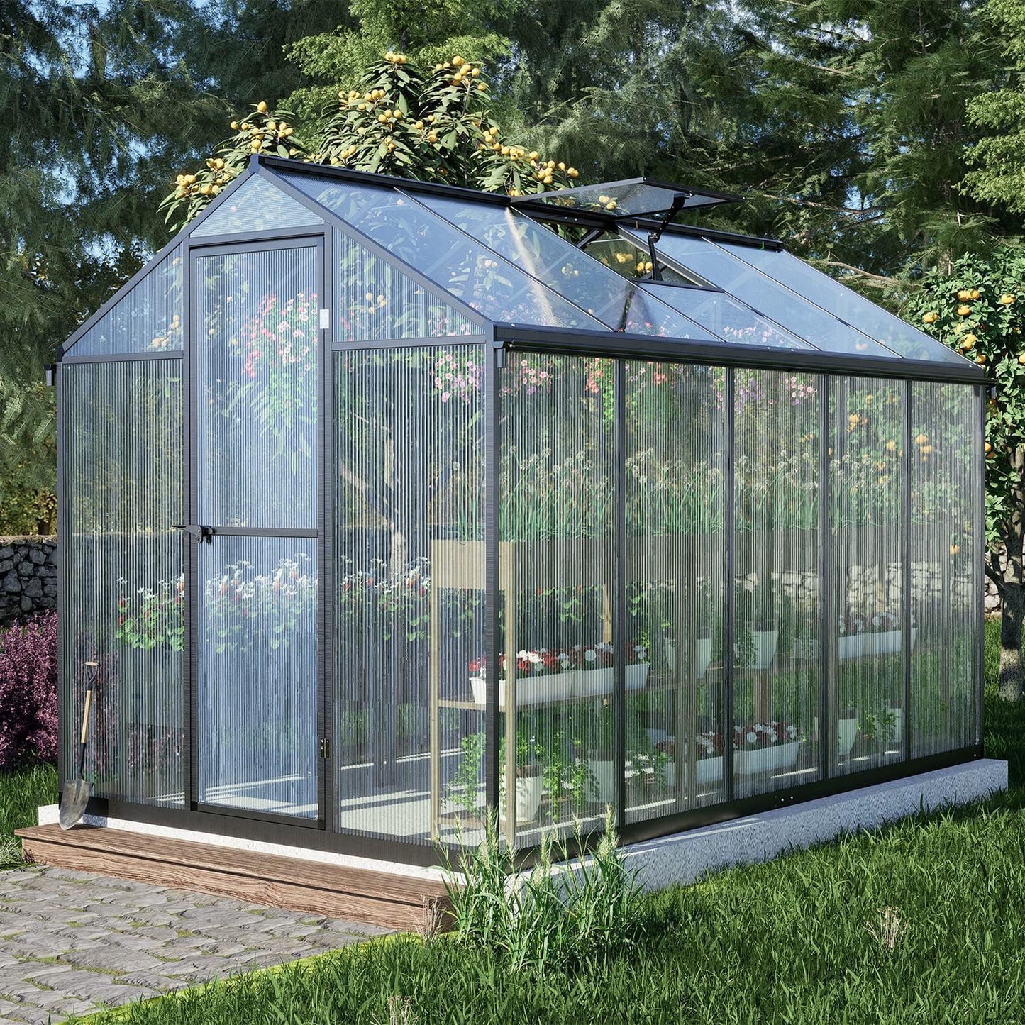 BPS 6' x 10' Walk-in Polycarbonate Greenhouse with Heavy-Duty Aluminum Frame, 2 Vent Windows & Lockable Door for Outdoor, Patio, Backyard, and Garden Use