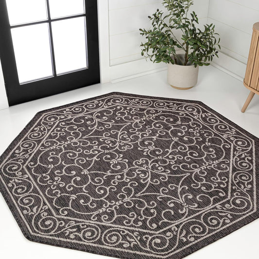 JONATHAN Y SMB106G-5TGN Charleston Vintage Filigree Textured Weave Black/Gray 5' Octagon Indoor/Outdoor Area Rug, Non-Shedding, Stain Resistant,Fade Resistant, Easy-Cleaning for Backyard Patio, Porch