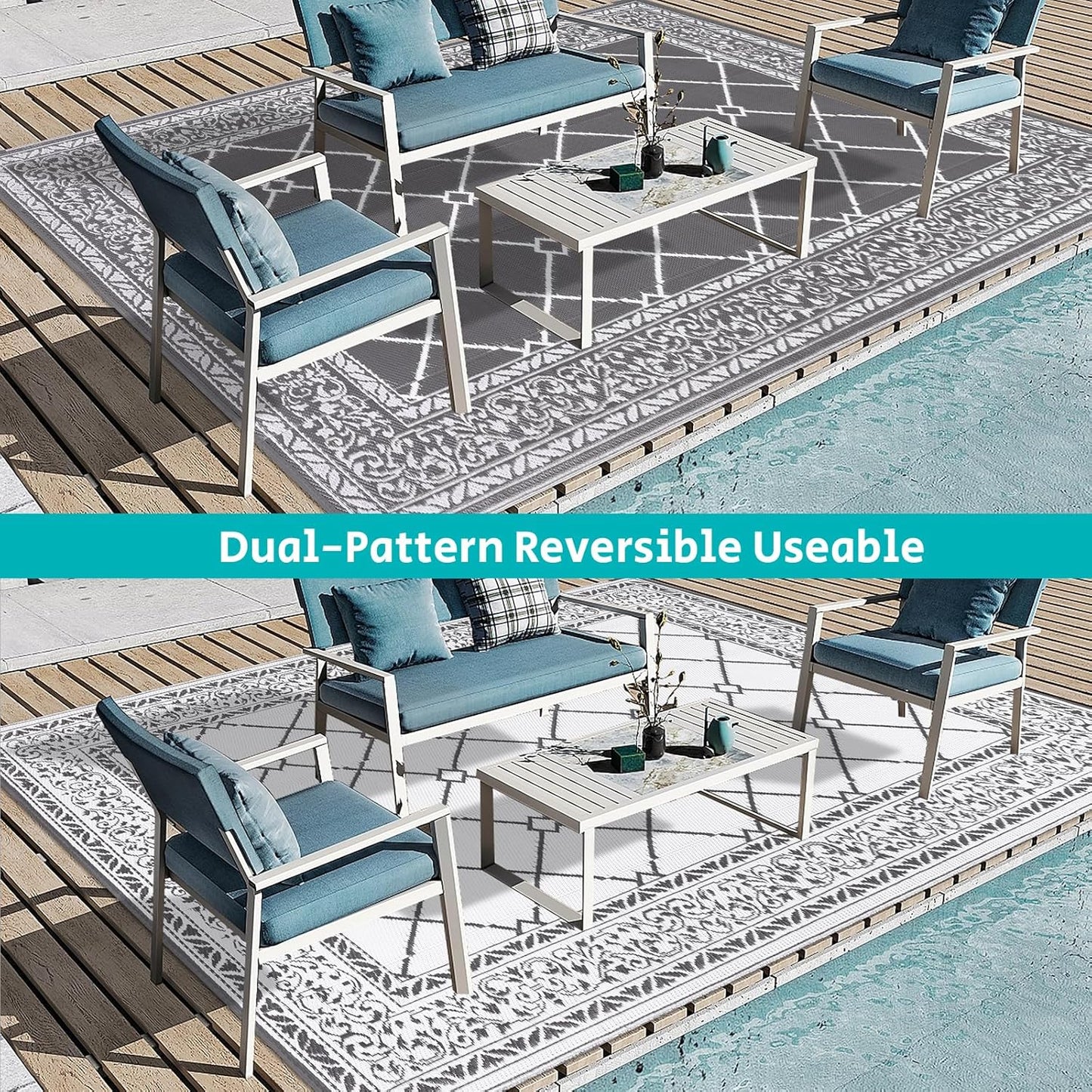 HEBE Outdoor Rug Waterproof 8x10, Reversible Plastic Straw Rug RV Camping Rug, Indoor Outdoor Patio Mat Clearance, Outside Carpet for Porch,Deck,Camper,Balcony,Backyard,Picnic